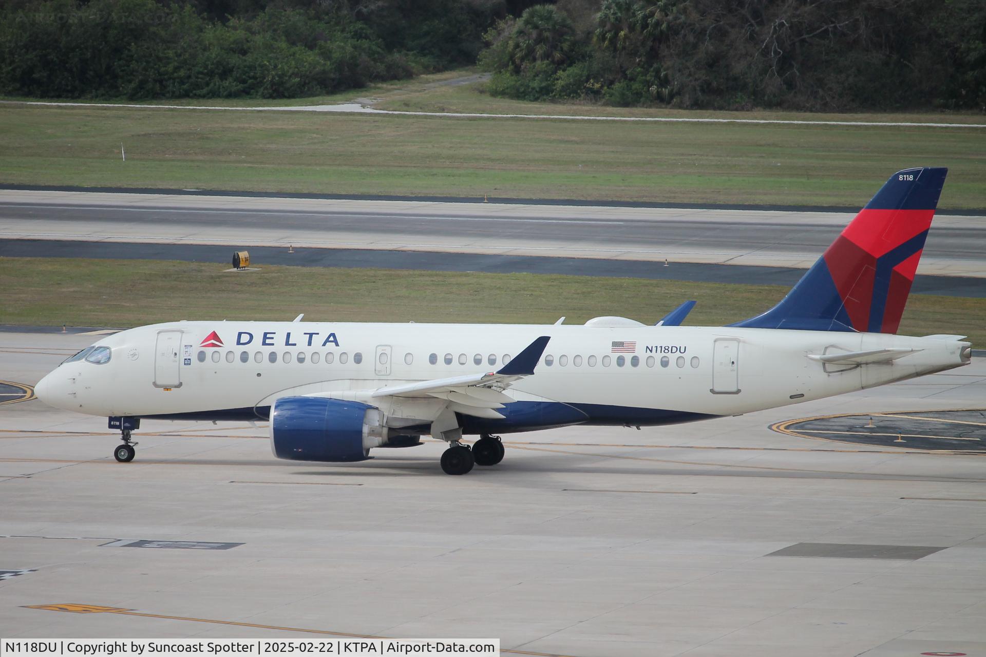 N118DU, 2019 Airbus A220-171 C/N 50037, Delta Flight 2706 taxis at Tampa International Airport prior to flight to Boston-Logan International Airport