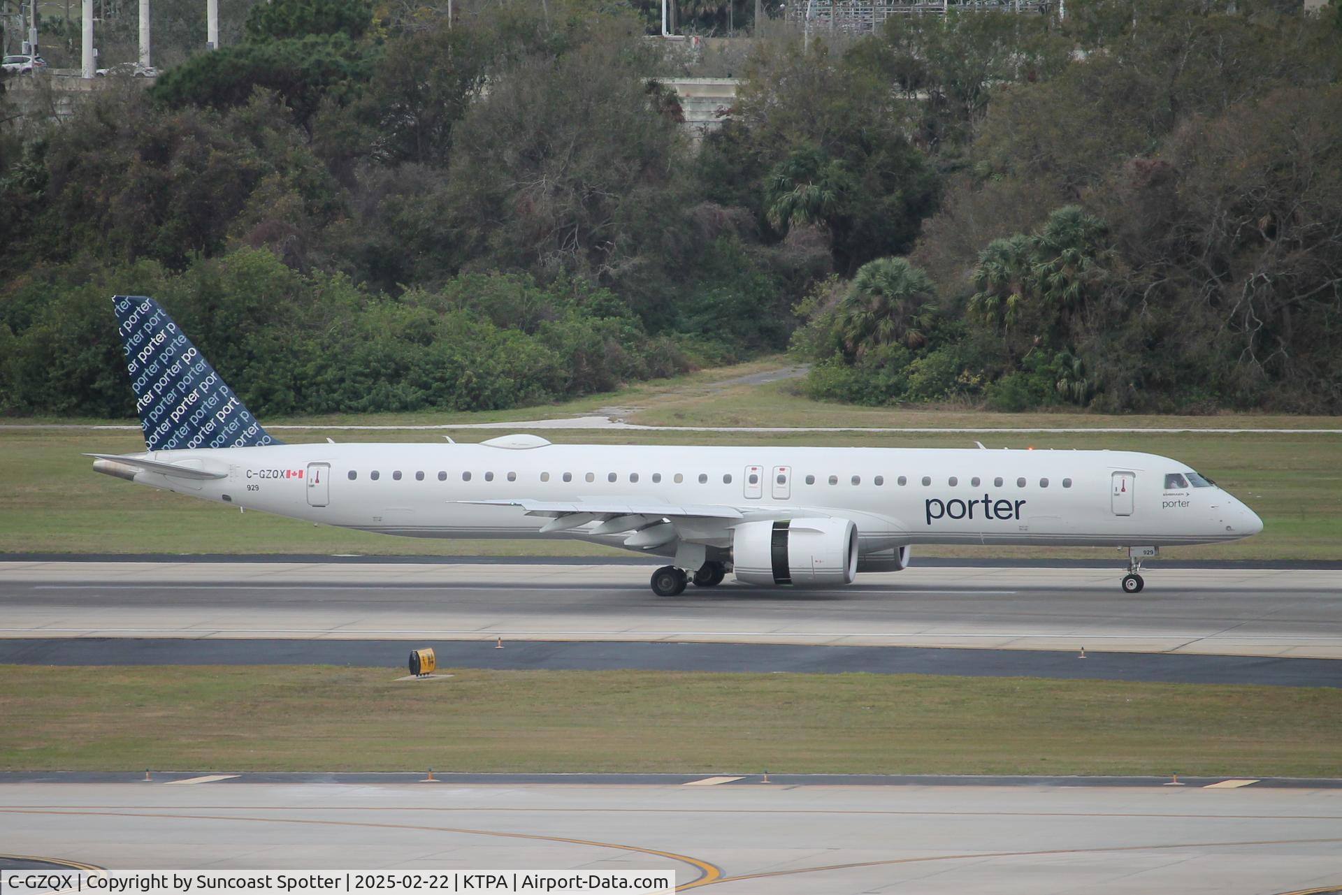 C-GZQX, 2024 Embraer E195-E2 C/N 19020120, Porter Flight 525 arrives at Tampa International Airport following flight from Toronto-Pearson International Airport