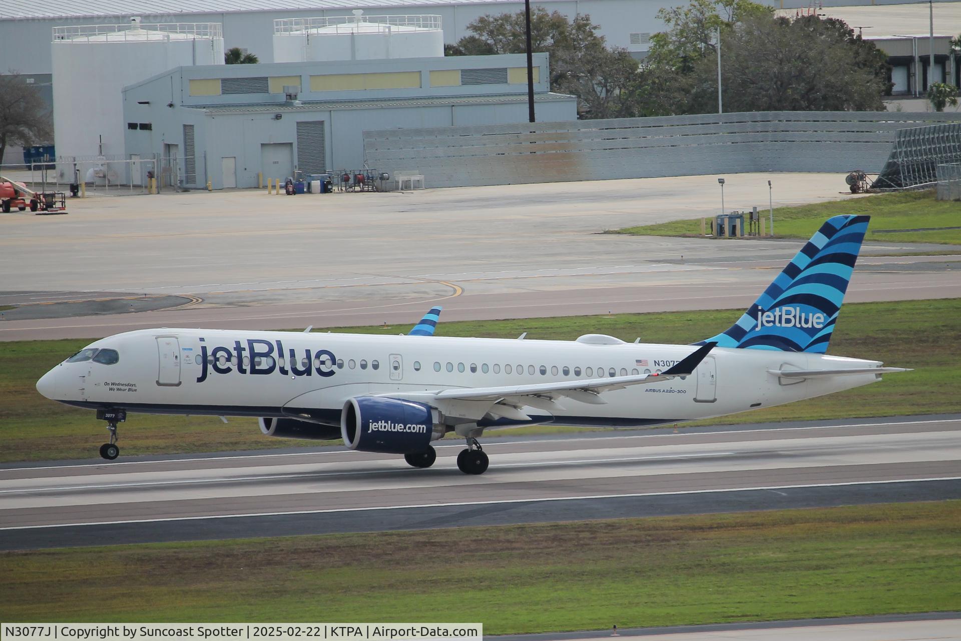 N3077J, 2021 Airbus A220-300 C/N 55124, JetBlue Flight 458 departs Tampa International Airport enroute to John F Kennedy International Airport