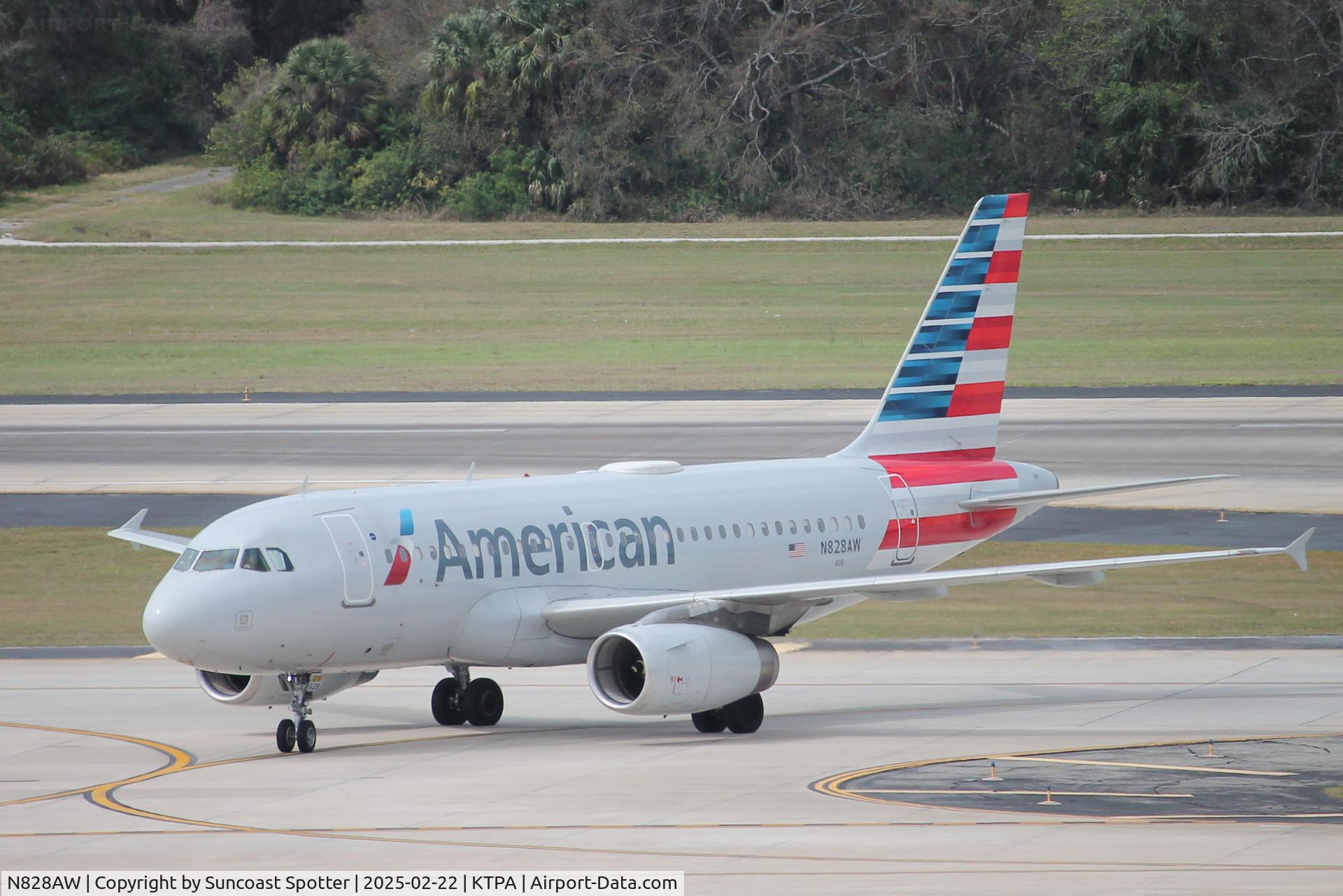 N828AW, 2001 Airbus A319-132 C/N 1552, American Flight 2524 taxis to the gate at Tampa International Airport following flight from Reagan National Airport