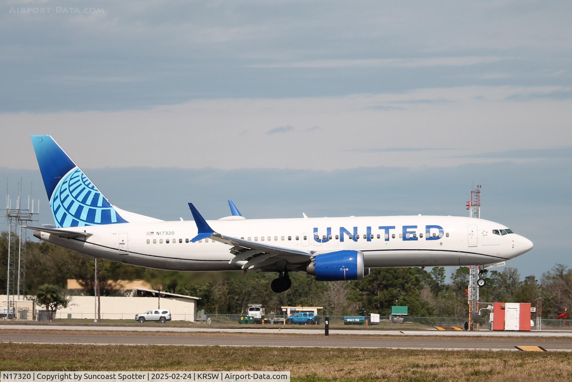 N17320, 2023 Boeing 737 Max 8 C/N 67576, United Flight 1406 arrives on Runway 6 at Southwest Florida International Airport following flight from Washington-Dulles International Airport