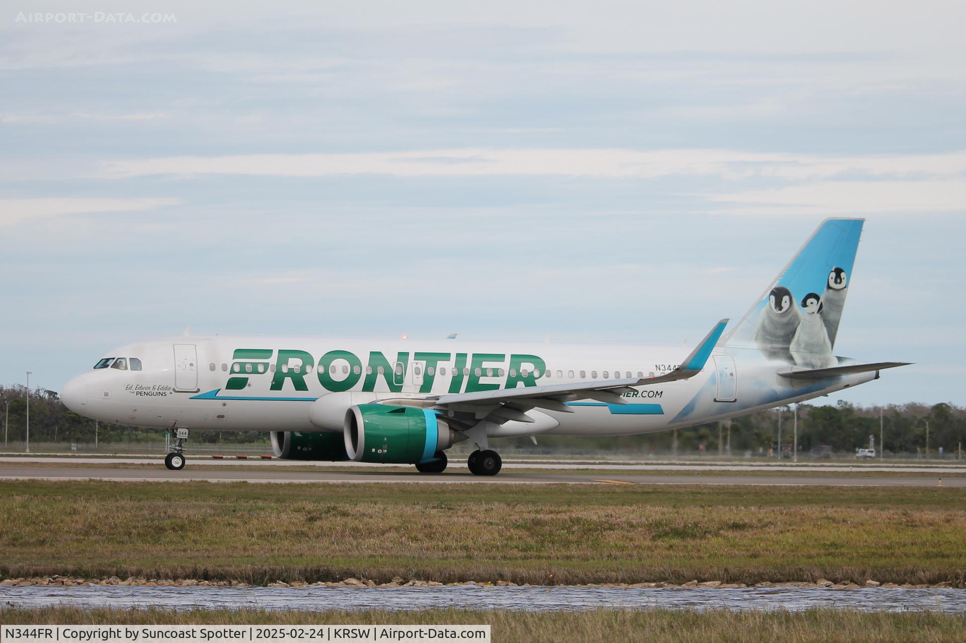N344FR, 2018 Airbus A320-251N C/N 8639, Frontier Flight 2026 taxis at Southwest Florida International Airport prior to flight to Philadelphia International Airport
