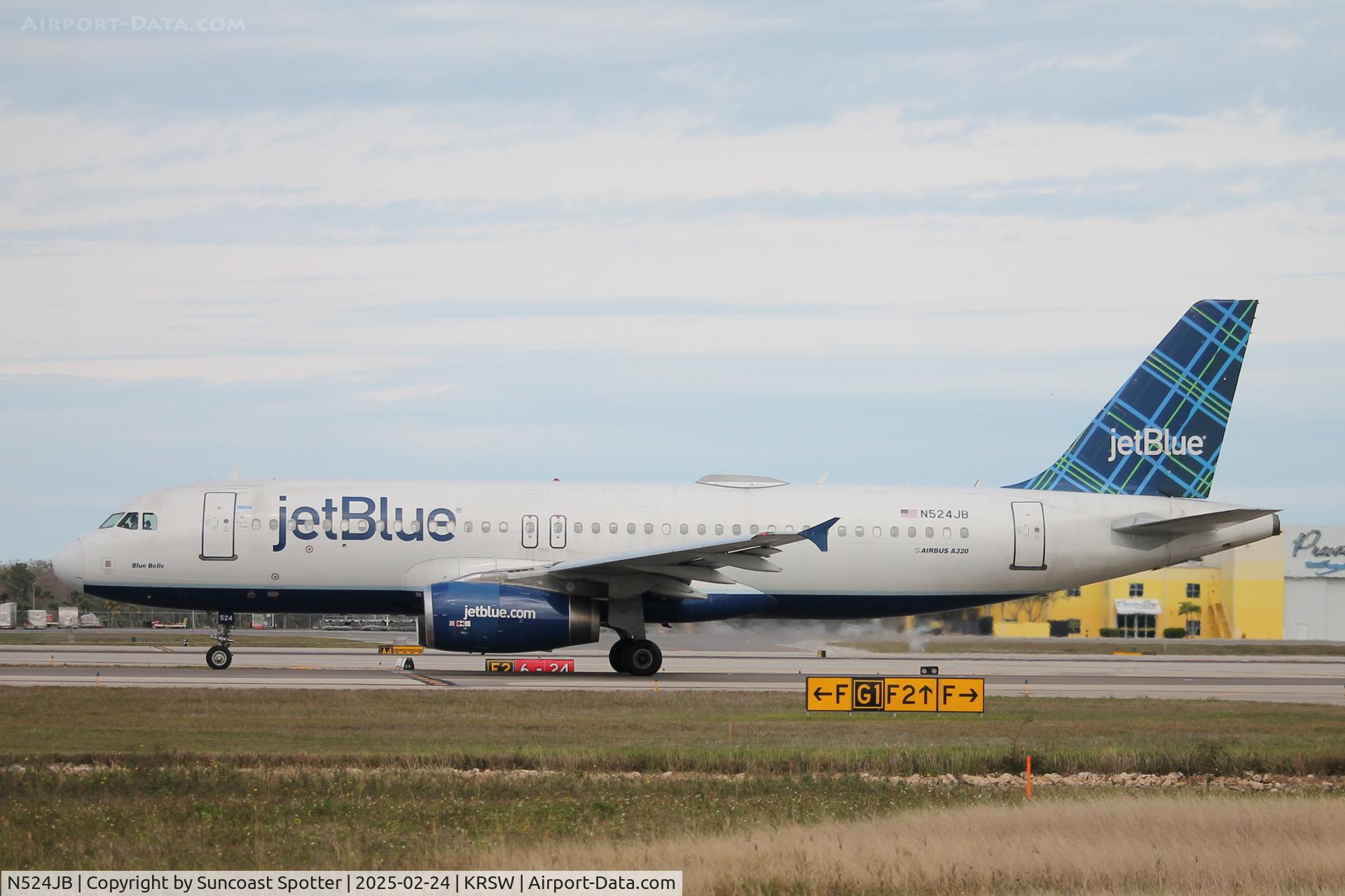 N524JB, 2001 Airbus A320-232 C/N 1528, JetBlue Flight 1812 taxis at Southwest Florida International Airport prior to flight to Newark-Liberty International Airport