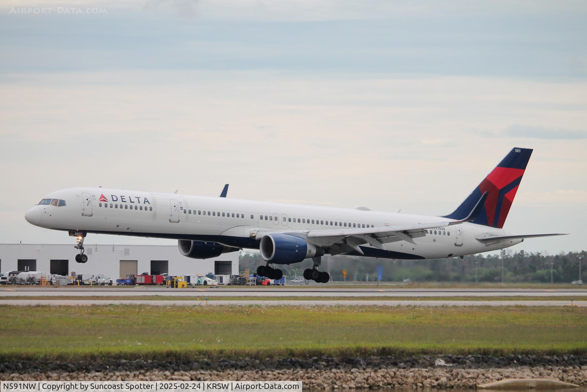 N591NW, 2003 Boeing 757-351 C/N 32991, Delta Flight 719 arrives on Runway 6 at Southwest Florida International Airport following flight from Detroit Metro Airport