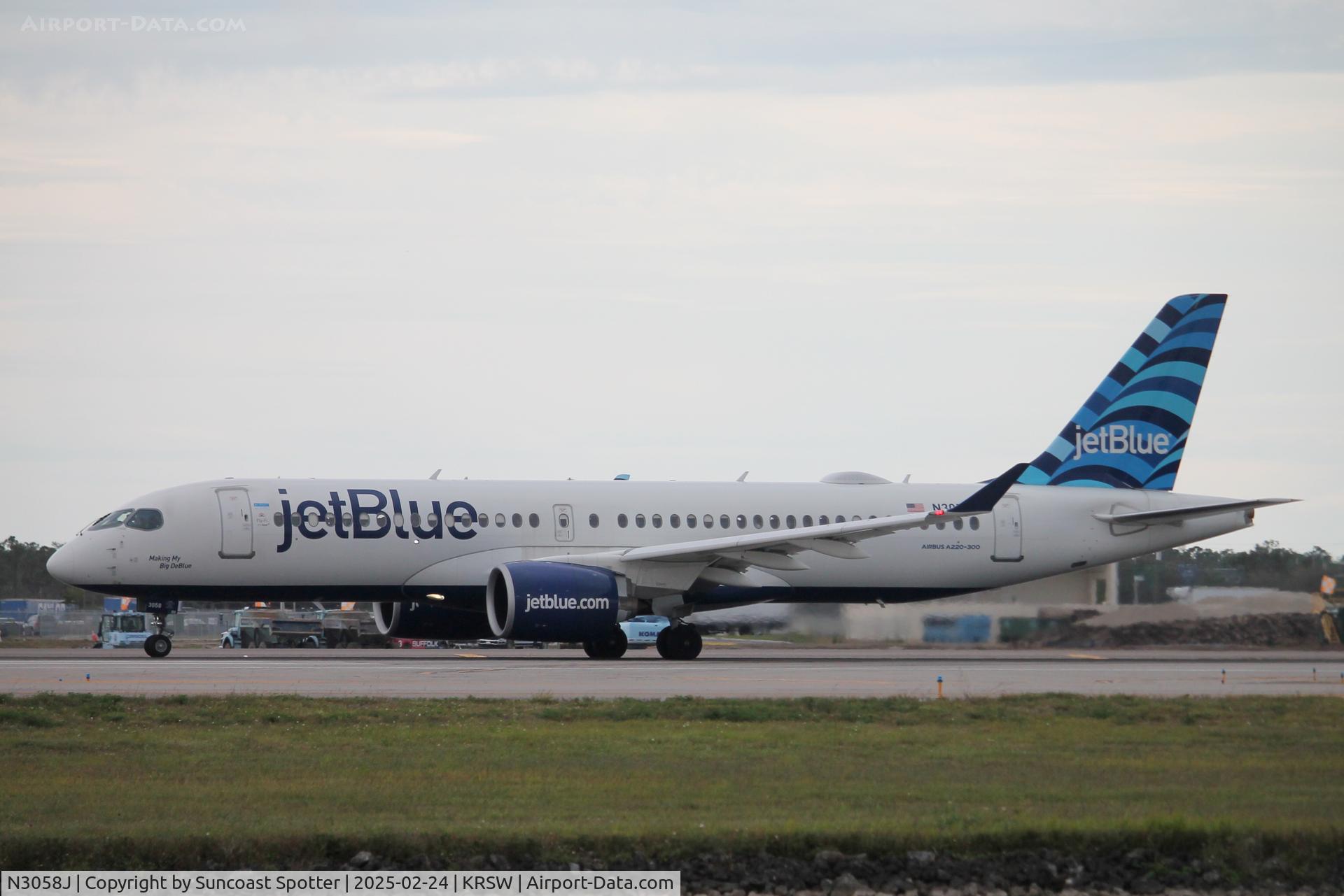 N3058J, 2021 Airbus A220-300 C/N 55113, JetBlue Flight 66 departs Runway 6 at Southwest Florida International Airport enroute to Boston-Logan International Airport