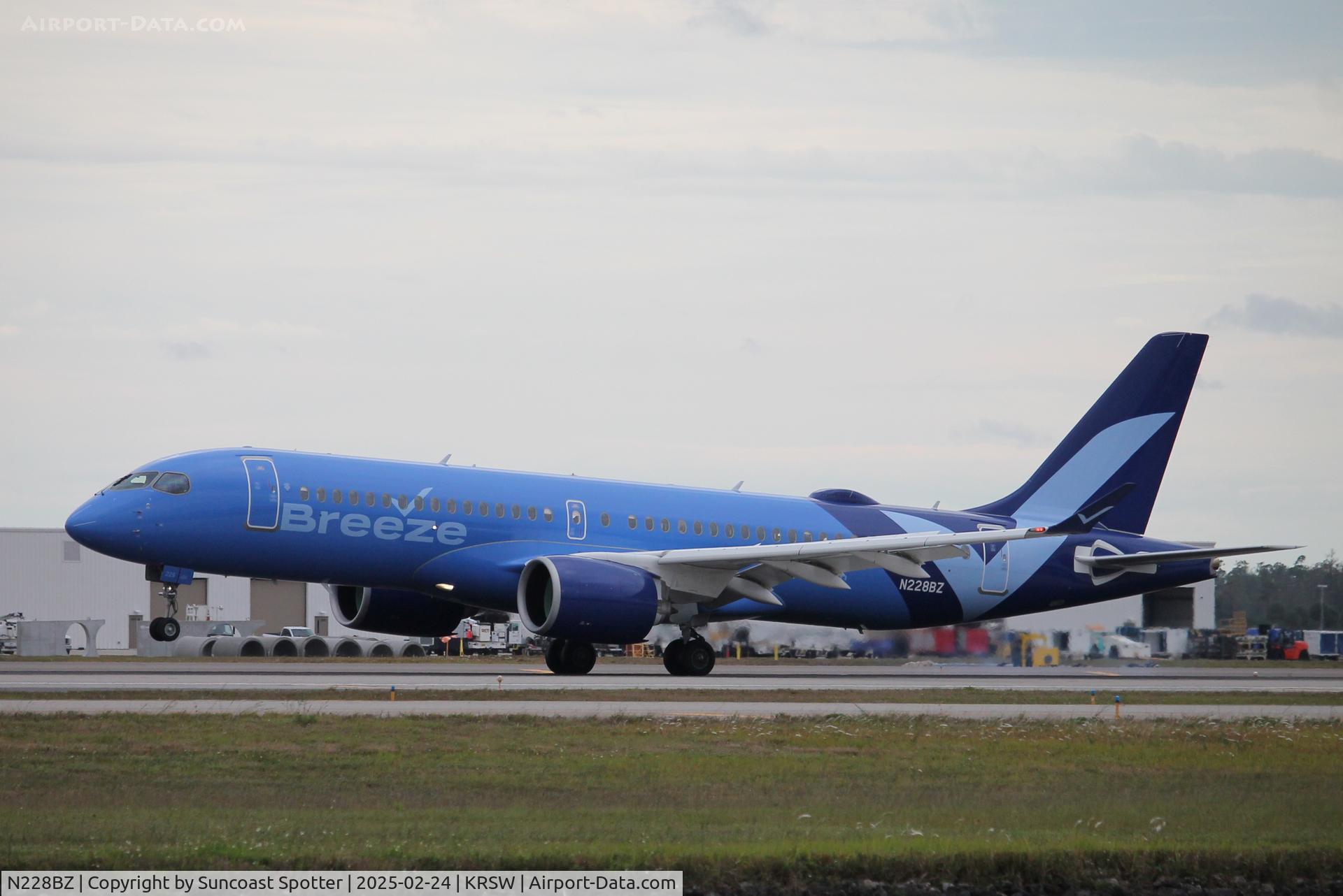 N228BZ, Airbus A220-300 C/N 55241, Breeze Flight 940 arrives on Runway 6 at Southwest Florida International Airport following flight from Tweed New Haven Airport