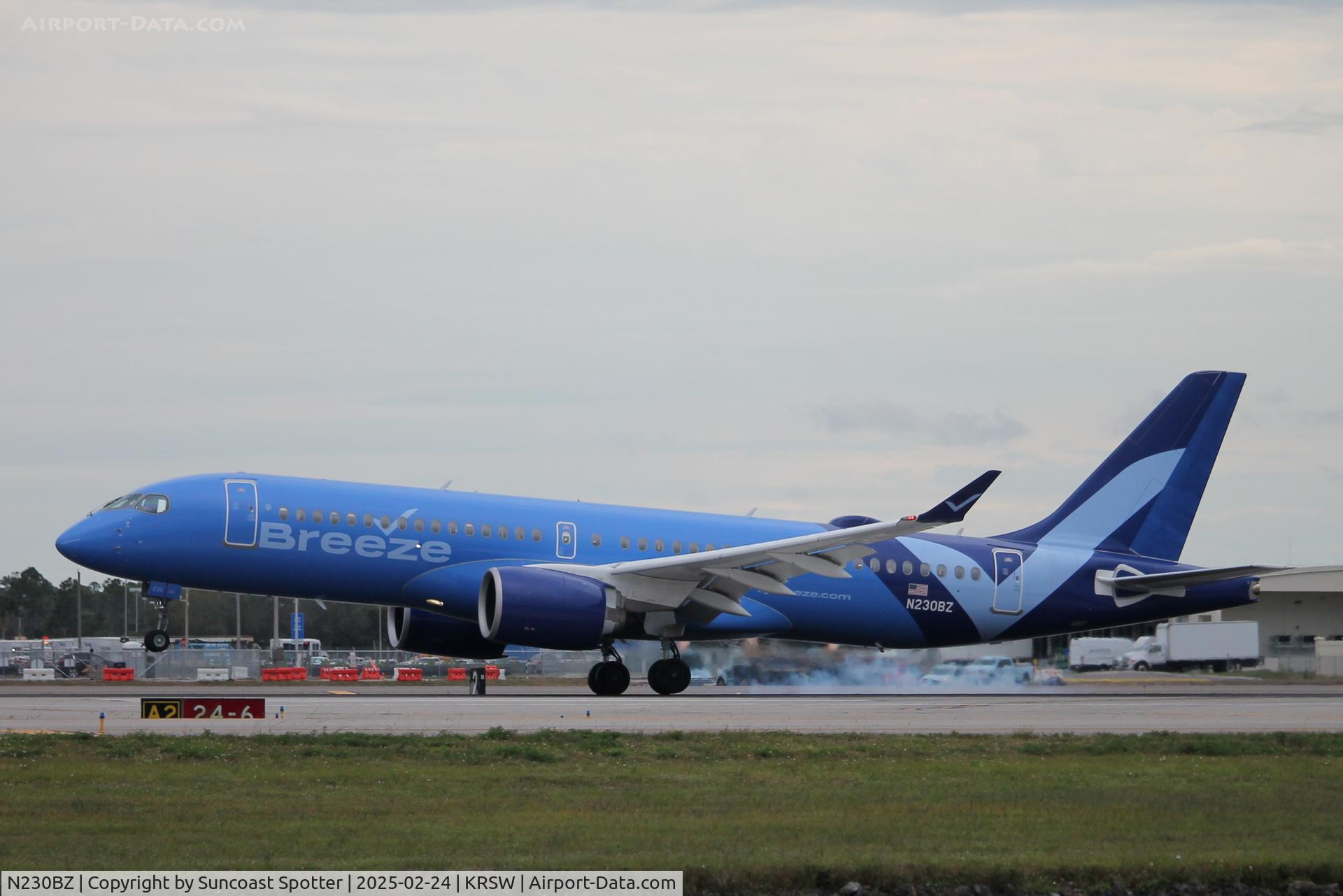 N230BZ, 2024 Airbus A220-371 C/N 55260, Breeze Flight 747 arrives on Runway 6 at Southwest Florida International Airport following flight from Canton-Akron Airport