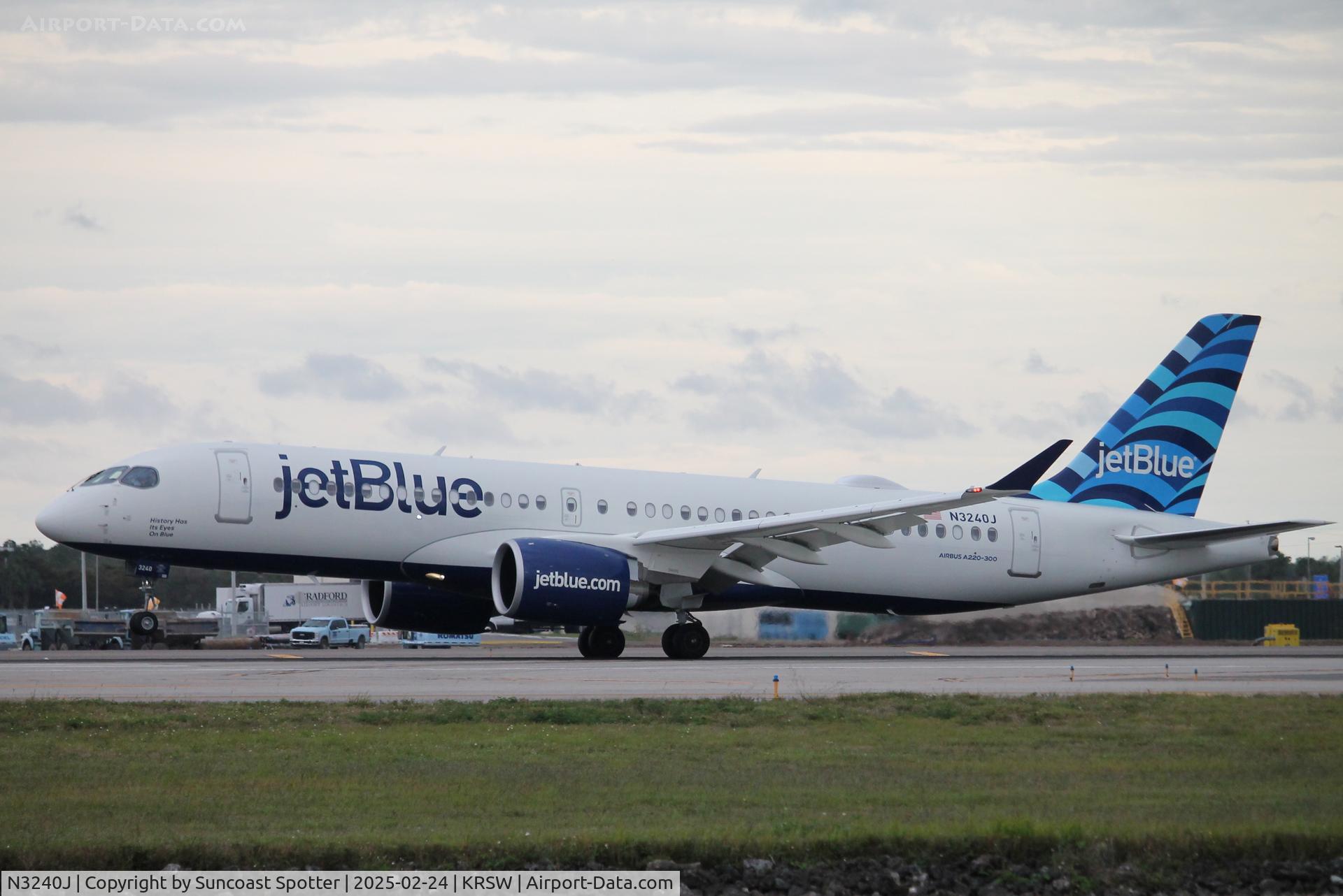 N3240J, 2024 Airbus A220-371 C/N 55314, JetBlue Flight 265 arrives at Southwest Florida International Airport following flight from Boston-Logan International Airport