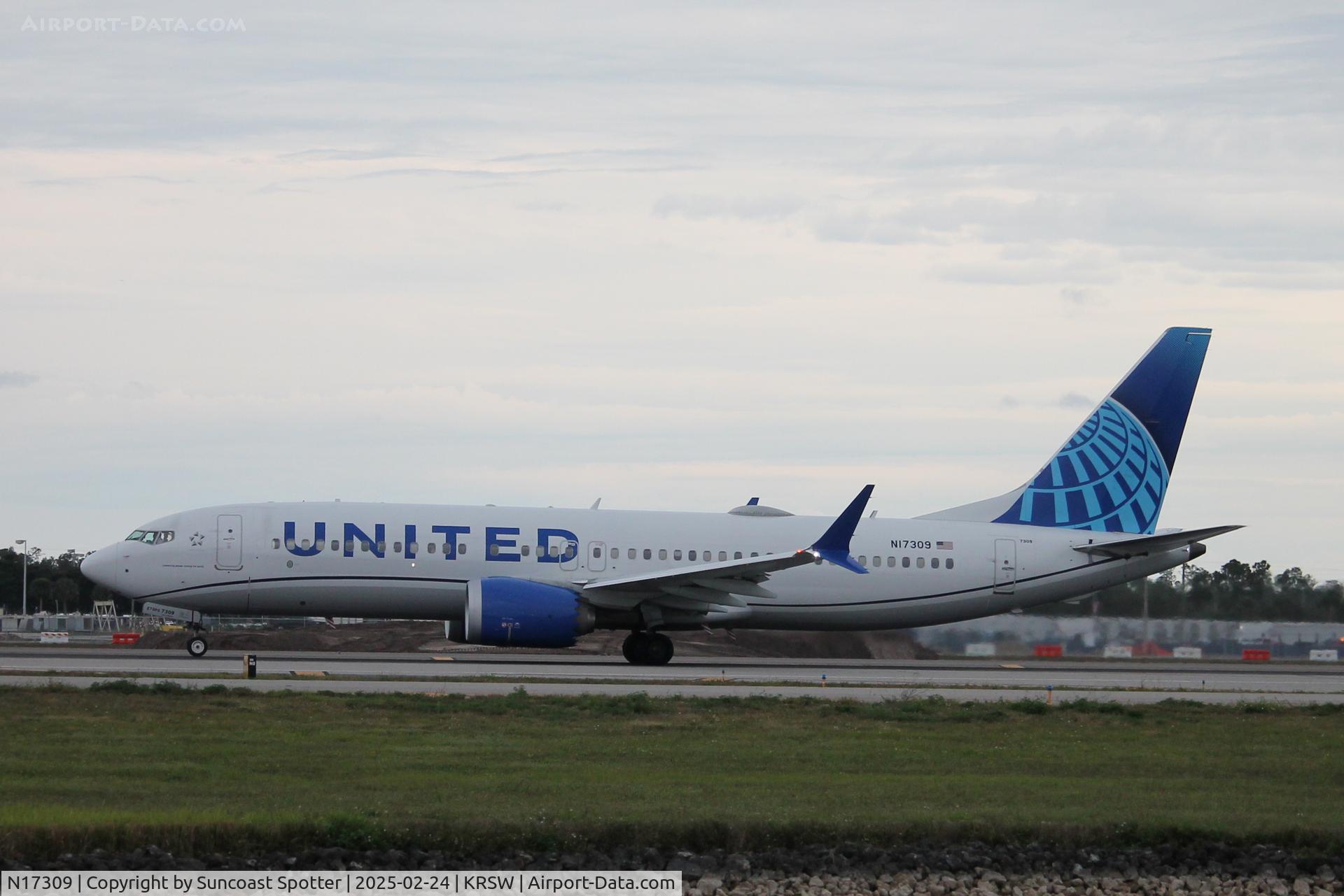 N17309, 2023 Boeing 737-8 MAX C/N 67563, United Flight 1807 departs Southwest Florida International Airport enroute to Cleveland-Hopkins International Airport