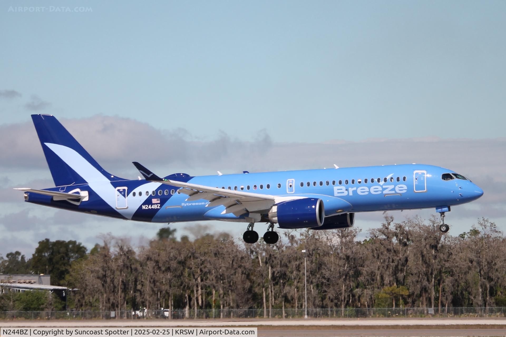 N244BZ, 2024 Airbus A220-371 C/N 55318, Breeze Flight 8874 arrives at Southwest Florida International Airport following flight from Wilmington International Airport