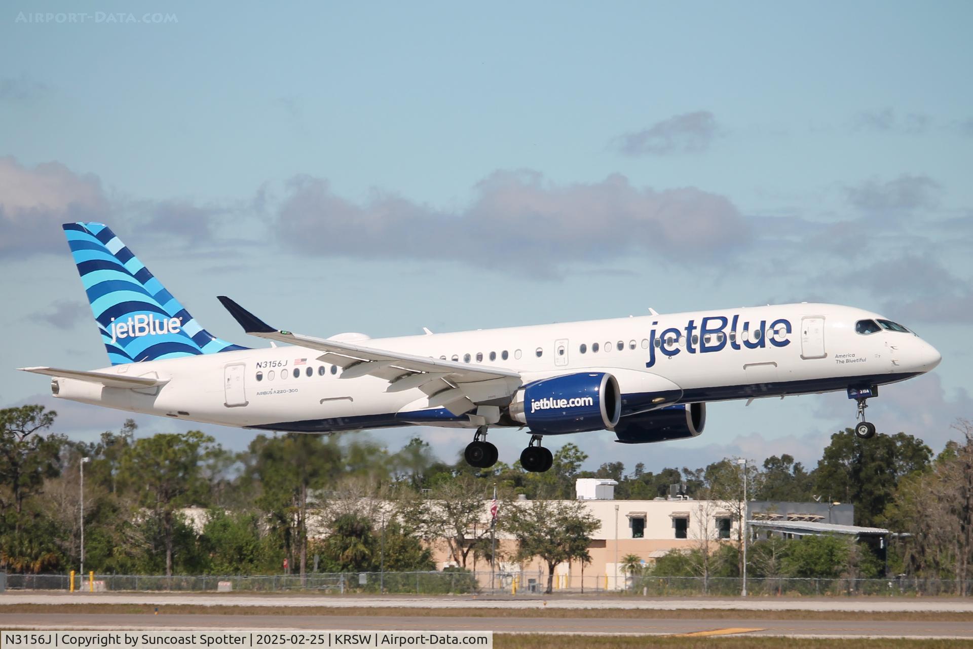 N3156J, 2024 Airbus A220-371 C/N 55262, JetBlue Flight 2065 arrives at Southwest Florida International Airport following flight from Boston-Logan International Airport