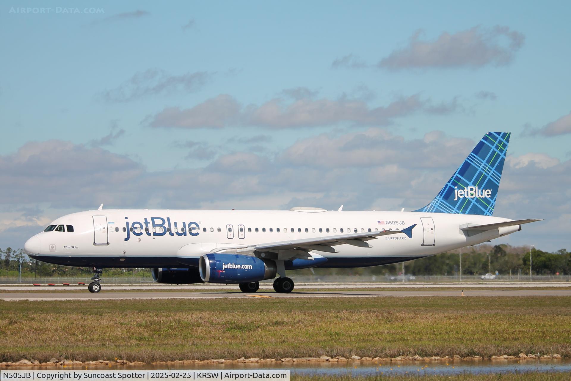 N505JB, 2000 Airbus A320-232 C/N 1173, JetBlue Flight 2834 taxis at Southwest Florida International Airport prior to flight to Worcester Airport
