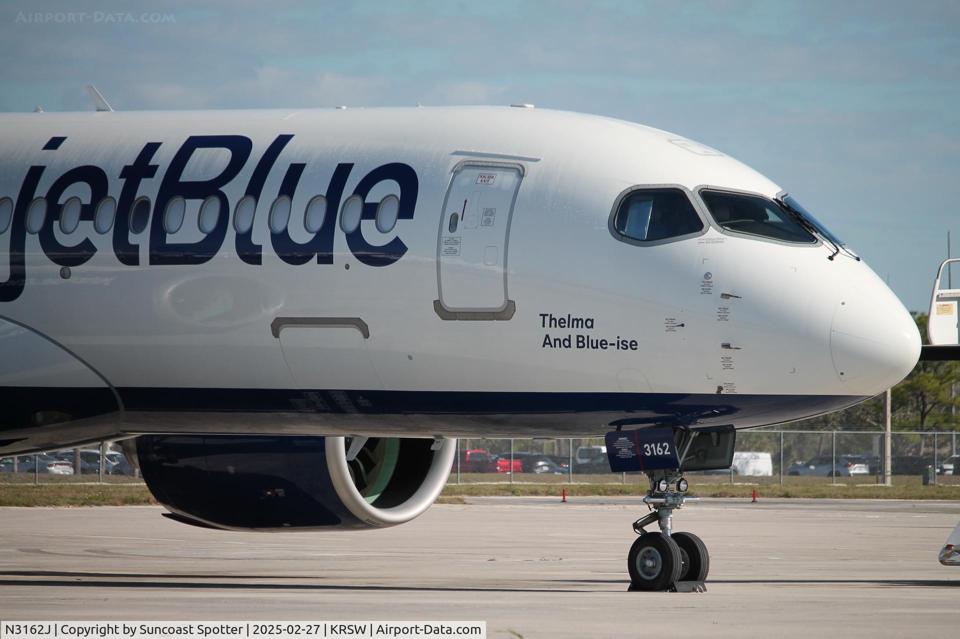 N3162J, 2024 Airbus A220-371 C/N 55265, JetBlue A220 parked on the north ramp at Southwest Florida International Airport
