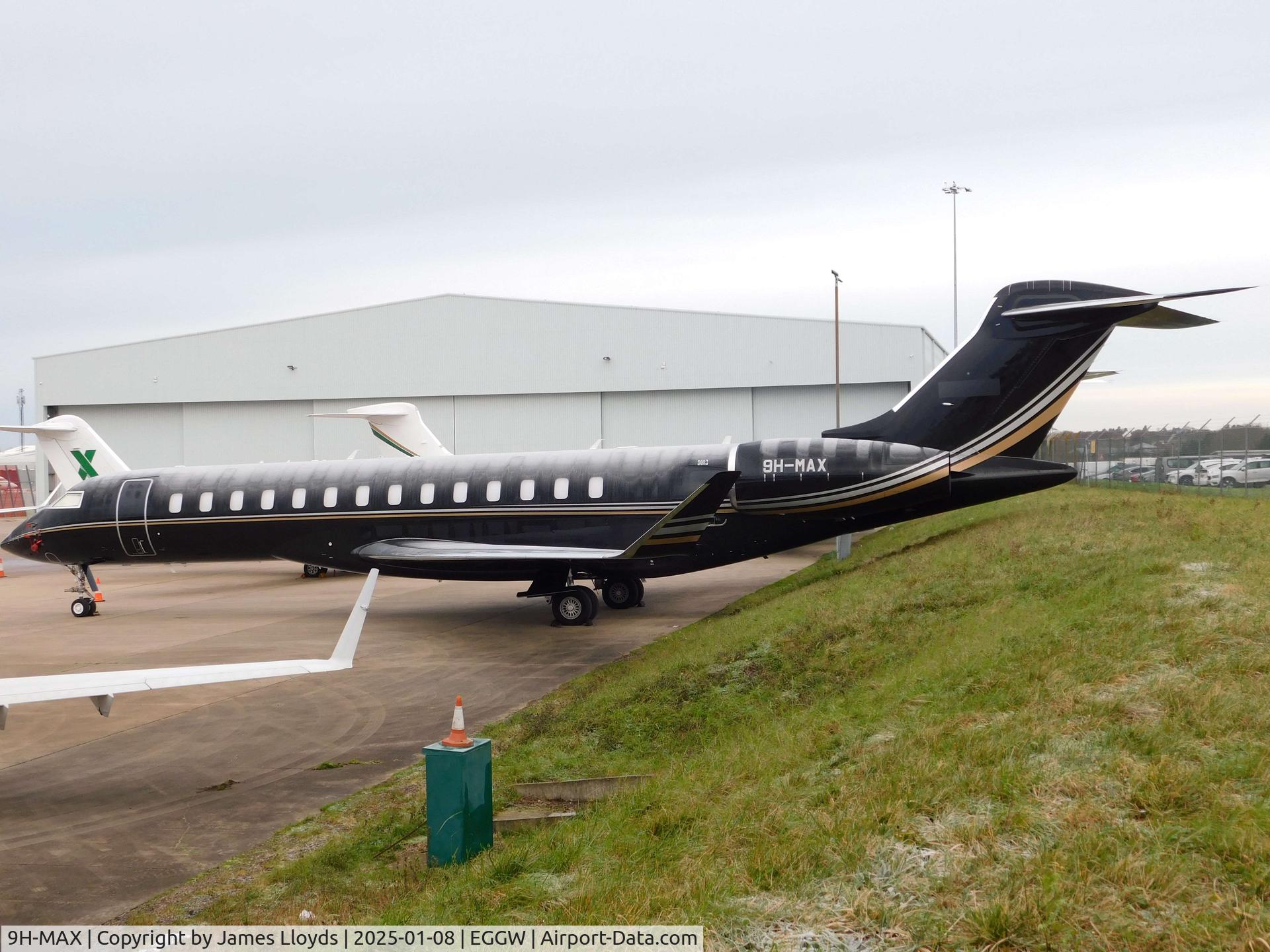 9H-MAX, 2022 Bombardier BD700 Global 7500 C/N 70148, Ex G-MIAP, Parked up at a cold Luton Airport.