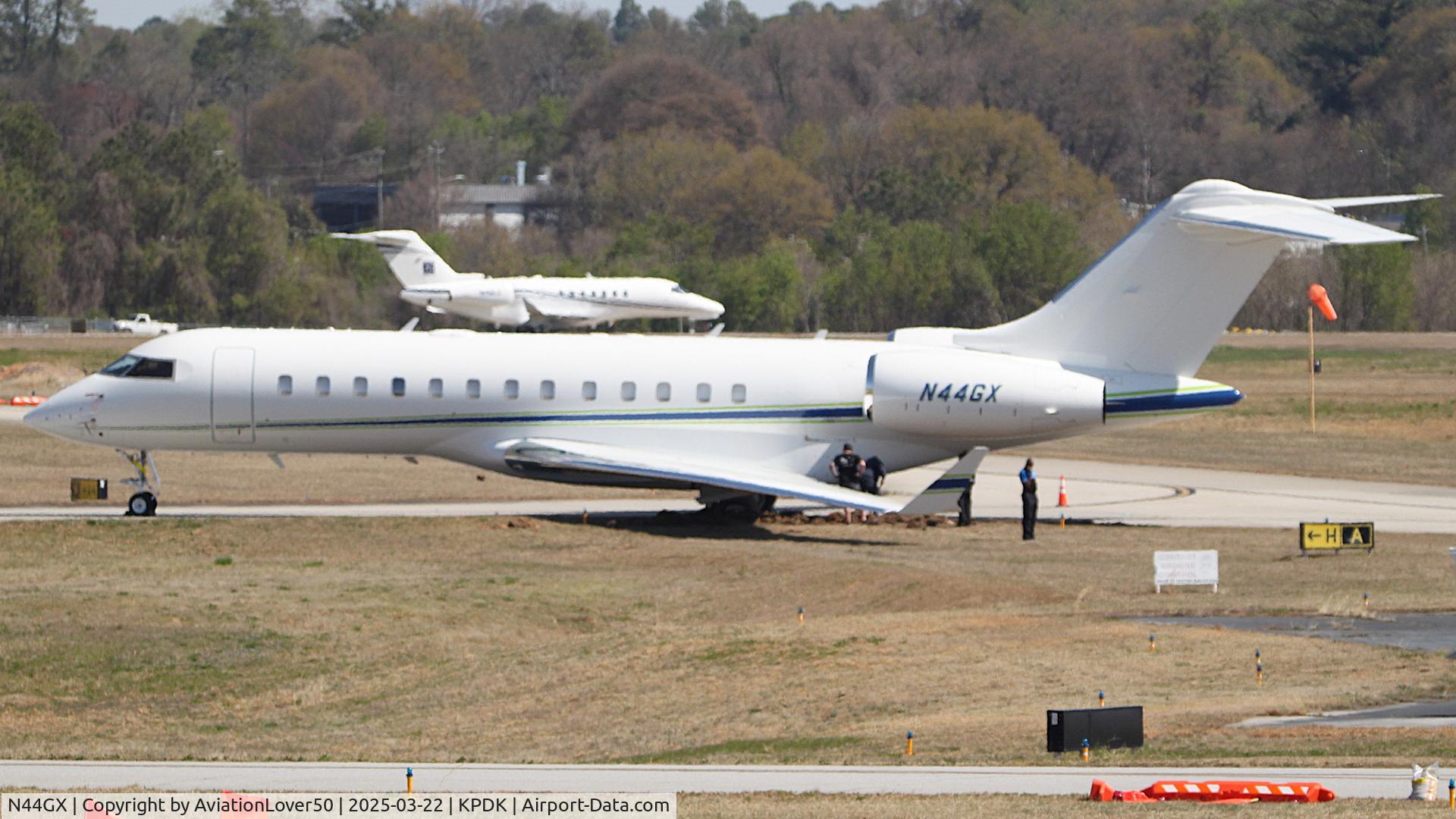 N44GX, 2004 Bombardier BD-700-1A10 Global Express C/N 9142, Global Express, being inspected after runway excursion the previous day