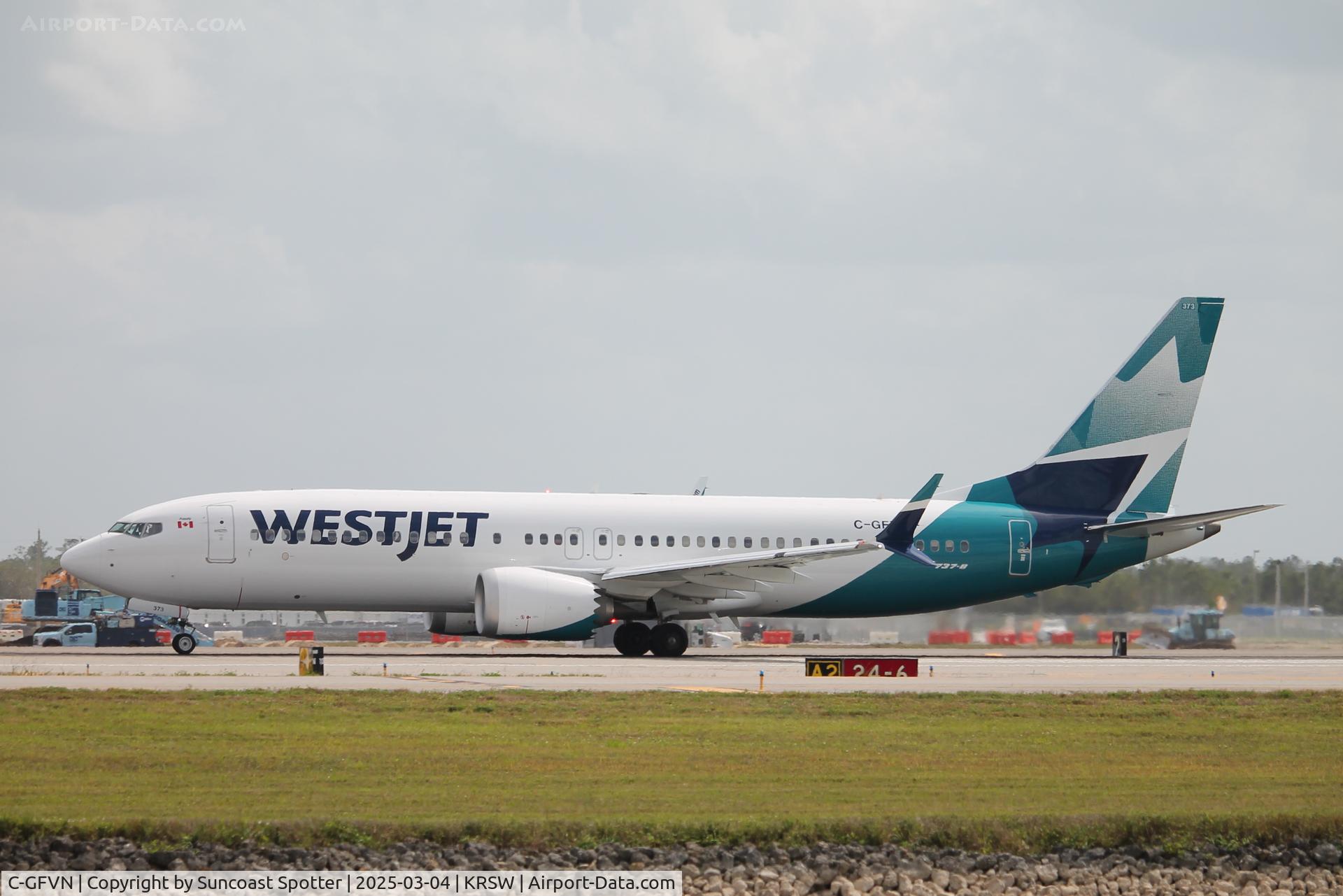 C-GFVN, 2020 Boeing 737-8 MAX C/N 44306, WestJet Flight 1237 departs Runway 6 at Southwest Florida International Airport enroute to Toronto-Pearson International Airport
