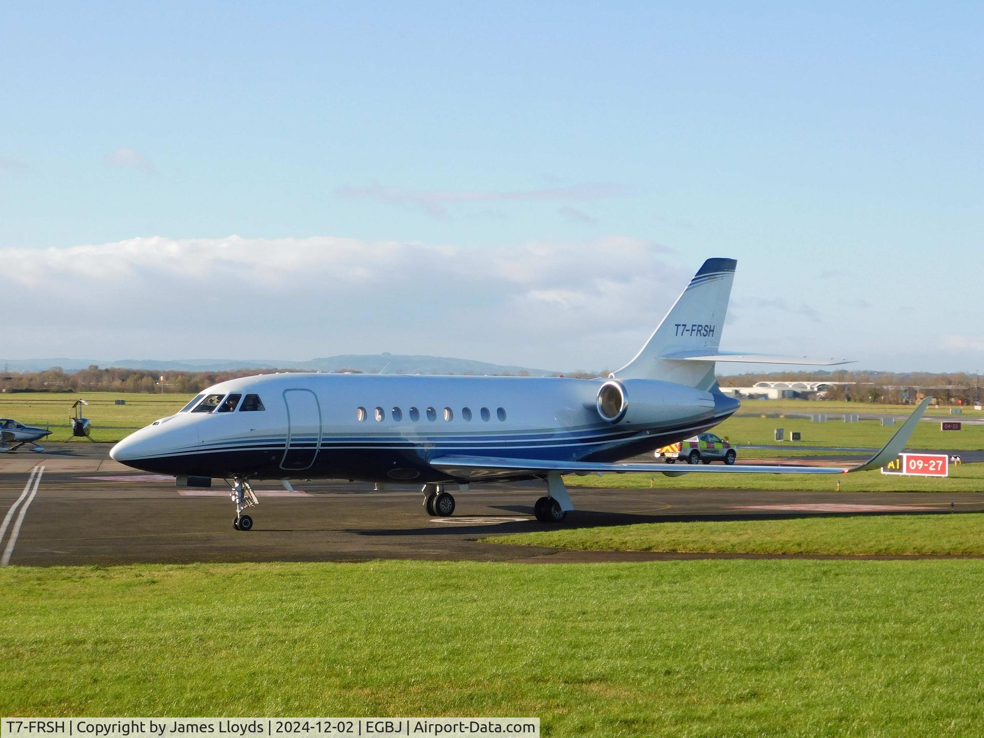 T7-FRSH, Dassault Aviation S.A. Falcon 2000LX C/N 351, Taxing in at Gloucestershire Airport.
