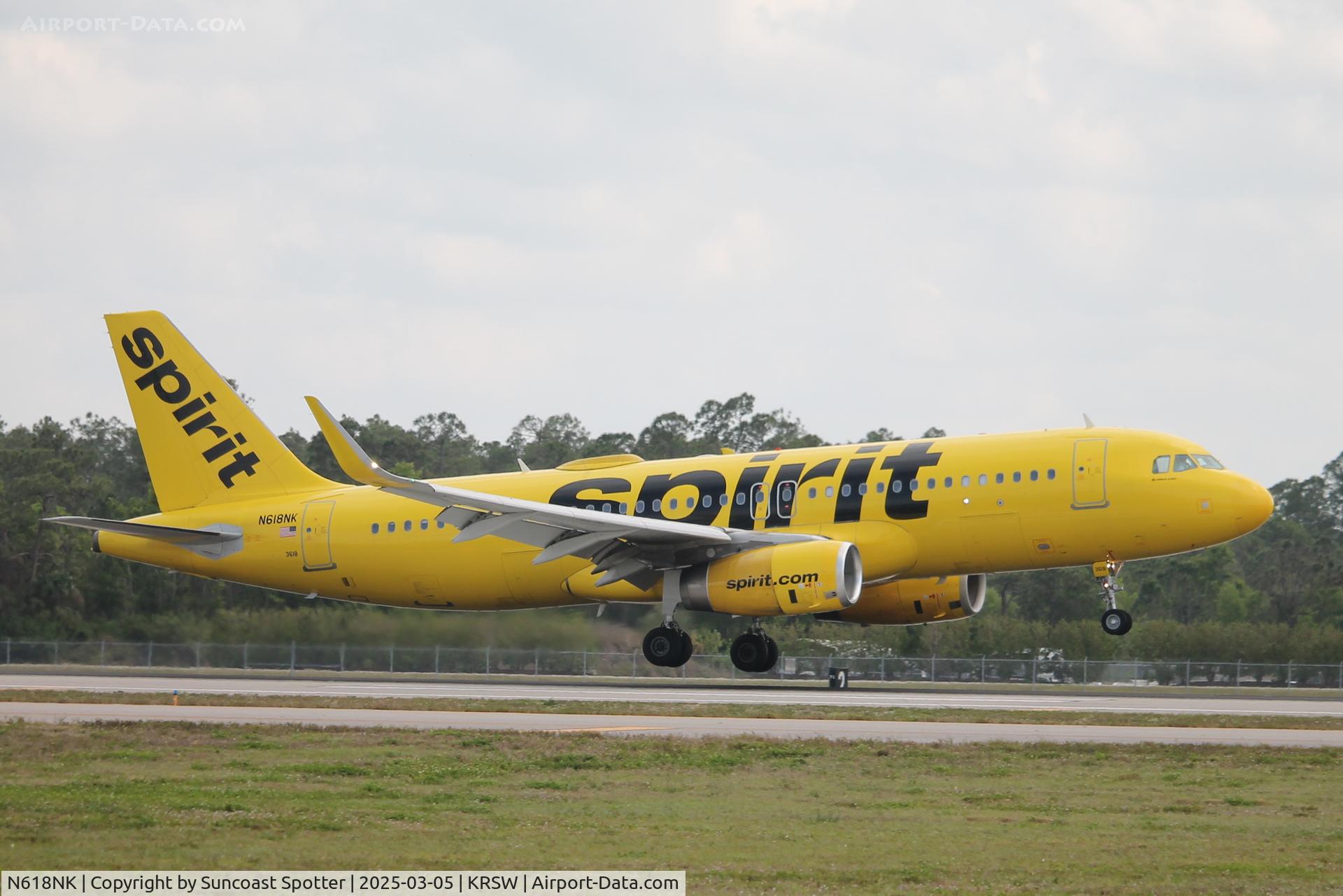 N618NK, 2012 Airbus A320-232 C/N 5458, Spirit Flight 1350 arrives at Southwest Florida International Airport following flight from Indianapolis International Airport