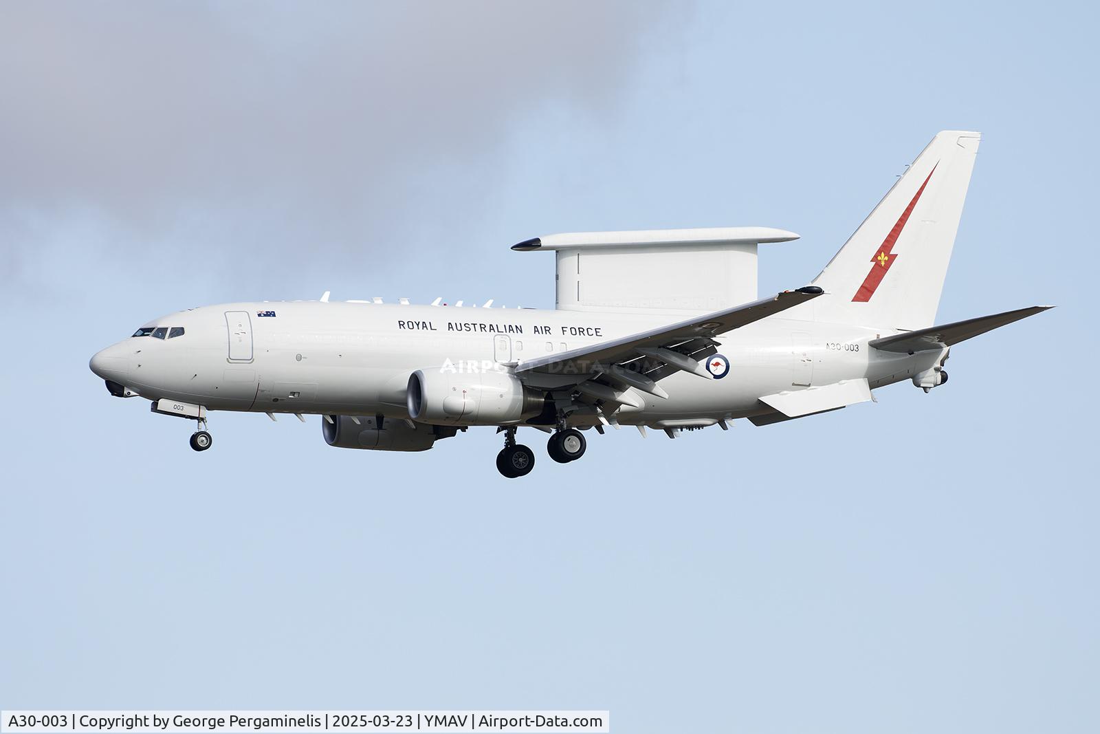 A30-003, Boeing E-7A Wedgetail (737-7ES) C/N 33476, Arriving for Australian International Airshow 2025.
