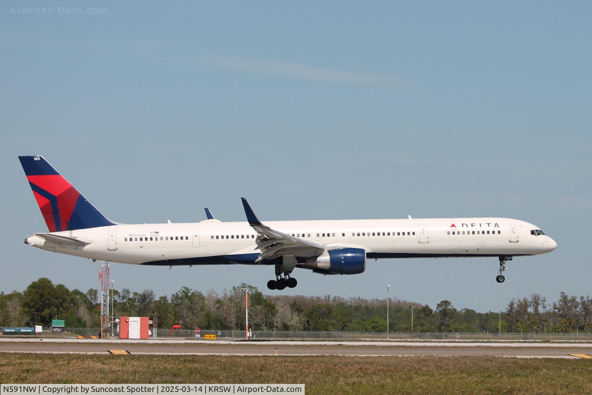 N591NW, 2003 Boeing 757-351 C/N 32991, Delta Flight 1349 arrives at Southwest Florida International Airport following flight from Minneapolis-St Paul International Airport