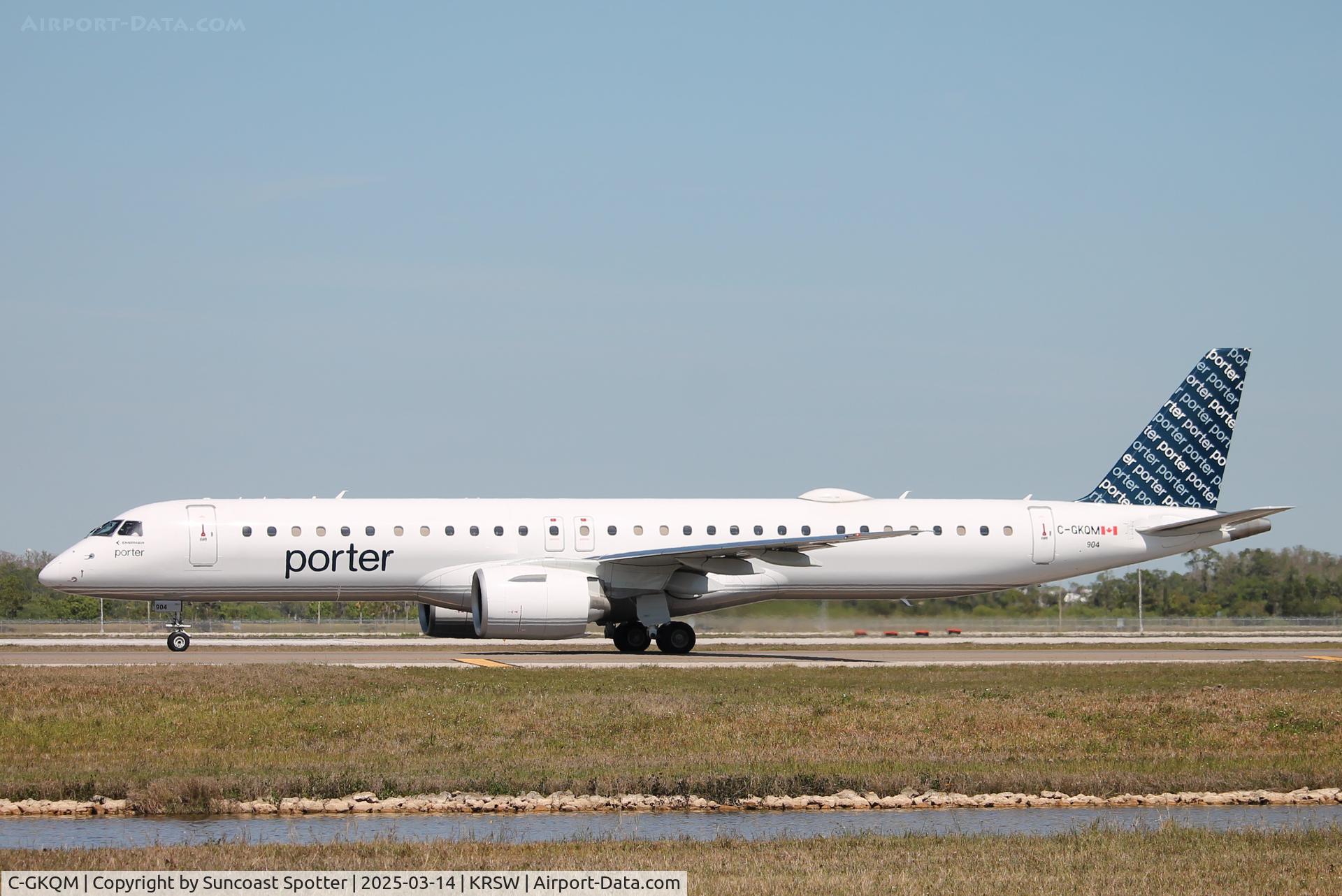 C-GKQM, 2022 Embraer E195-E2 C/N 19020072, Porter Flight 570 taxis at Southwest Florida International Airport prior to flight to Montreal Trudeau International Airport