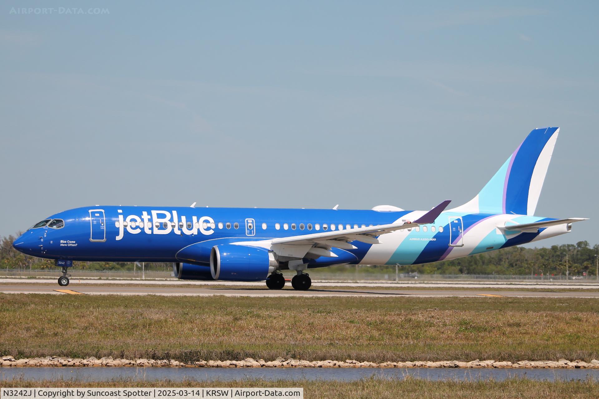 N3242J, 2024 Airbus A220-371 C/N 55319, JetBlue Flight 1812 taxis at Southwest Florida International Airport prior to flight to Newark-Liberty International Airport