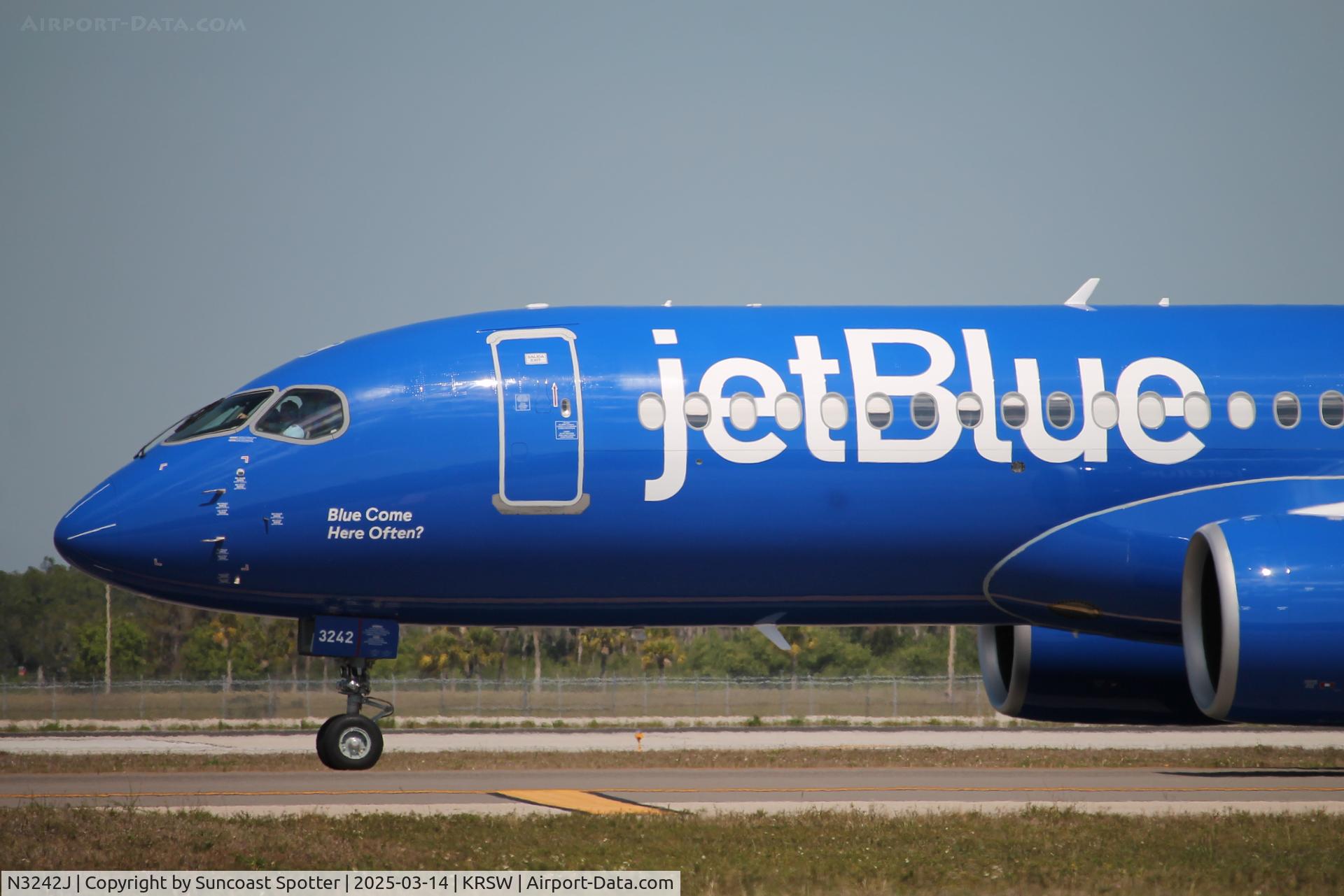 N3242J, 2024 Airbus A220-371 C/N 55319, JetBlue Flight 1812 taxis at Southwest Florida International Airport prior to flight to Newark-Liberty International Airport