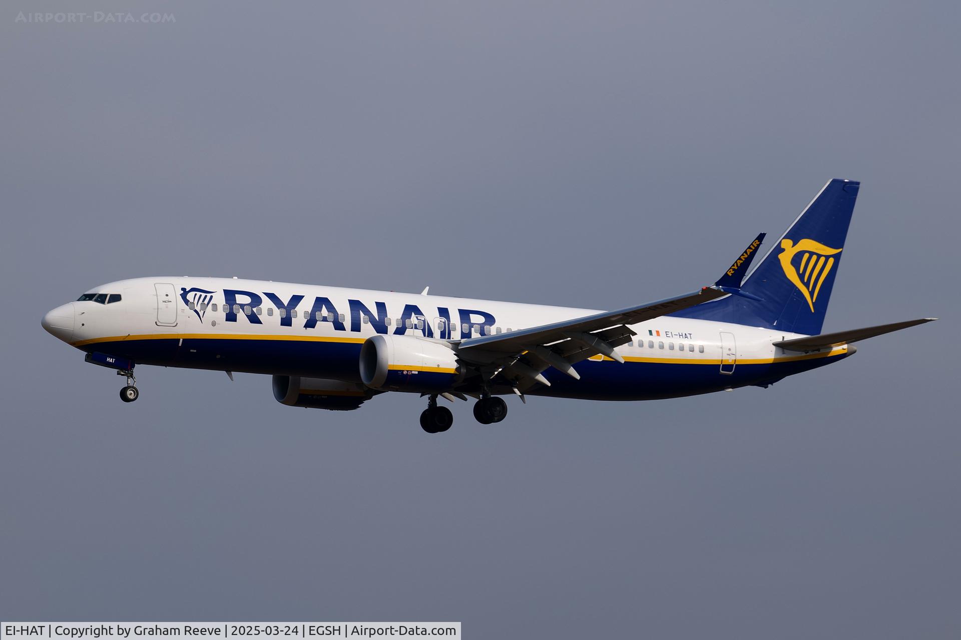 EI-HAT, 2018 Boeing 737-8-200 MAX C/N 65076, Departing from Norwich.