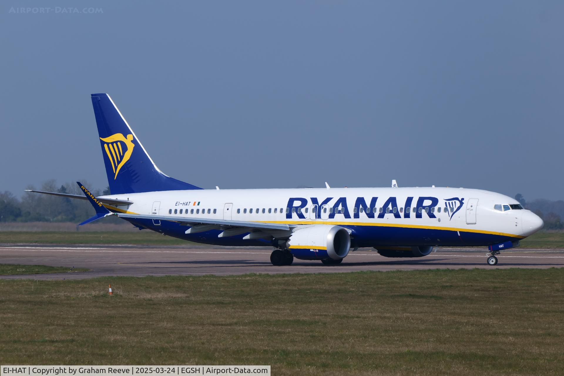 EI-HAT, 2018 Boeing 737-8-200 MAX C/N 65076, Departing from Norwich.