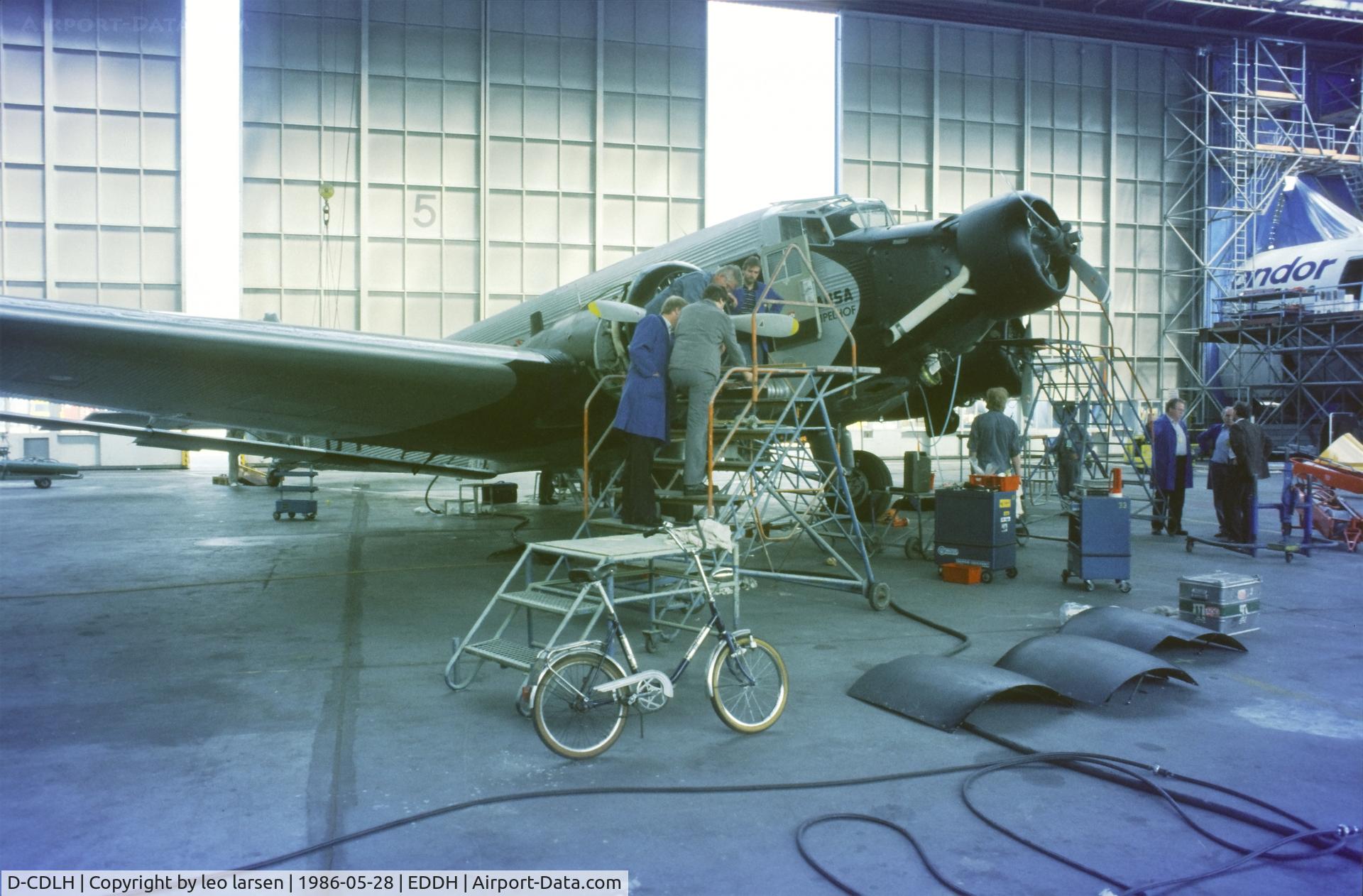 D-CDLH, 1936 Junkers Ju-52/3m C/N 130714, Hamburg Lufthansa Hangar 28.5.1986