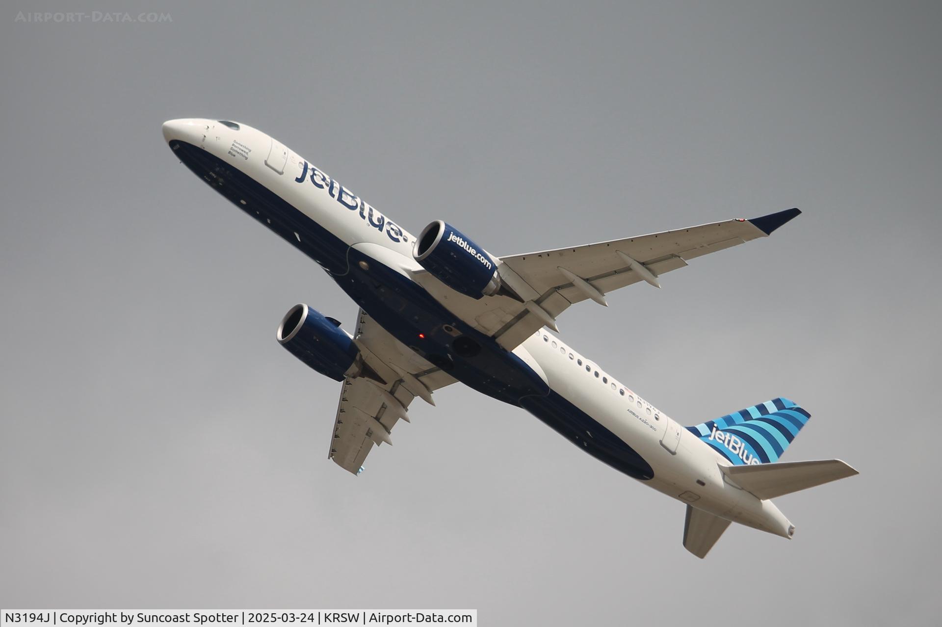 N3194J, 2024 Airbus A220-371 C/N 55276, JetBlue Flight 1815 departs Southwest Florida International Airport enroute to Newark-Liberty International Airport