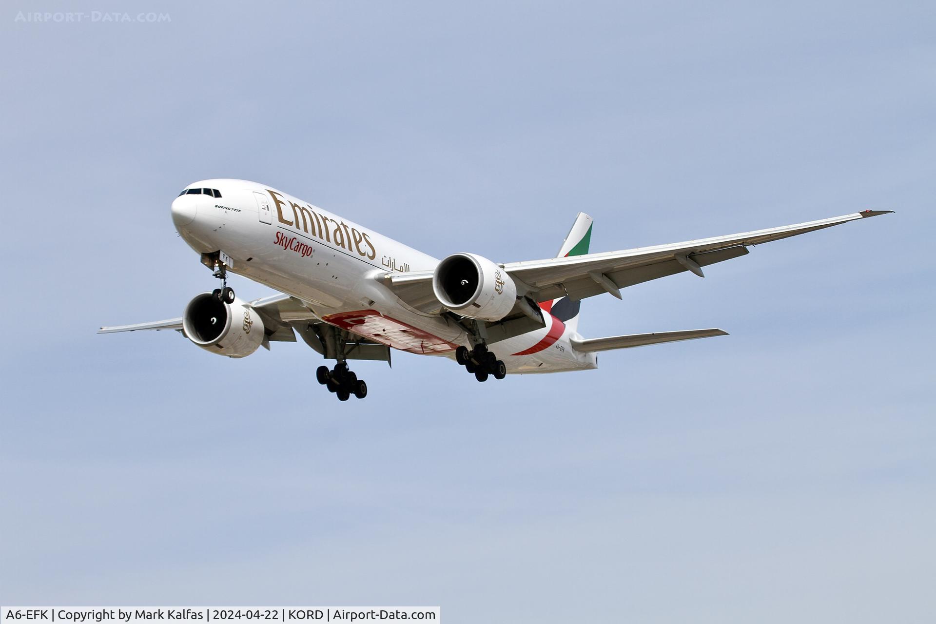 A6-EFK, 2013 Boeing 777-F1H C/N 35611, B77L Emirates Sky Cargo Boeing 777-F1H  A6-EFK arriving 28C KORD