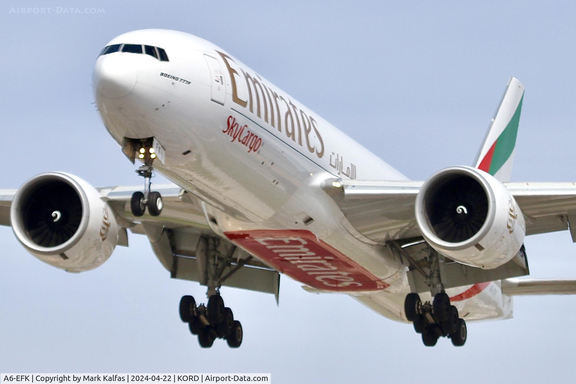 A6-EFK, 2013 Boeing 777-F1H C/N 35611, B77L Emirates Sky Cargo Boeing 777-F1H  A6-EFK arriving 28C KORD