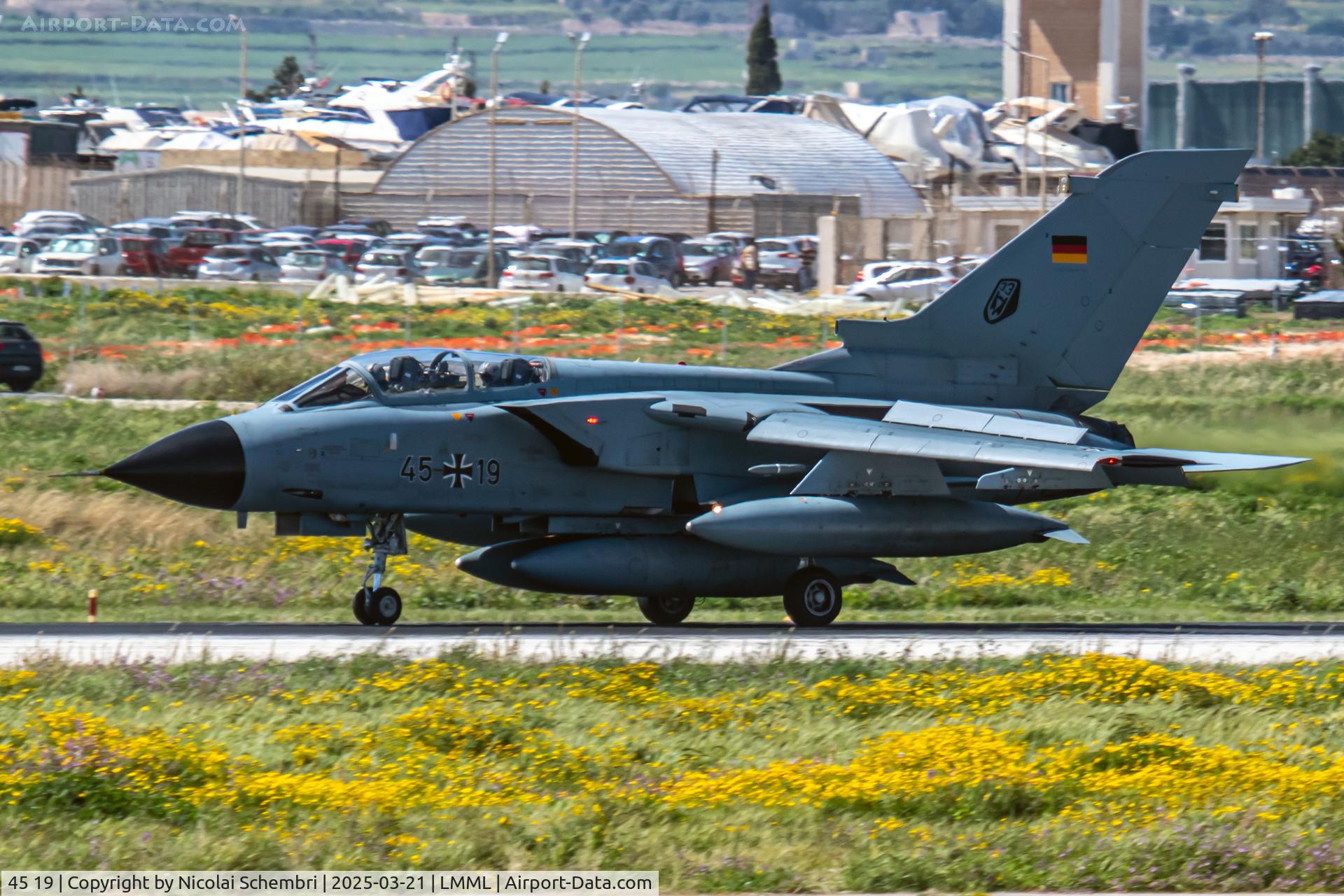 45 19, Panavia Tornado IDS C/N 551/GS167/4219, Landing on runway 13 during a visit to MLA for navigation training.