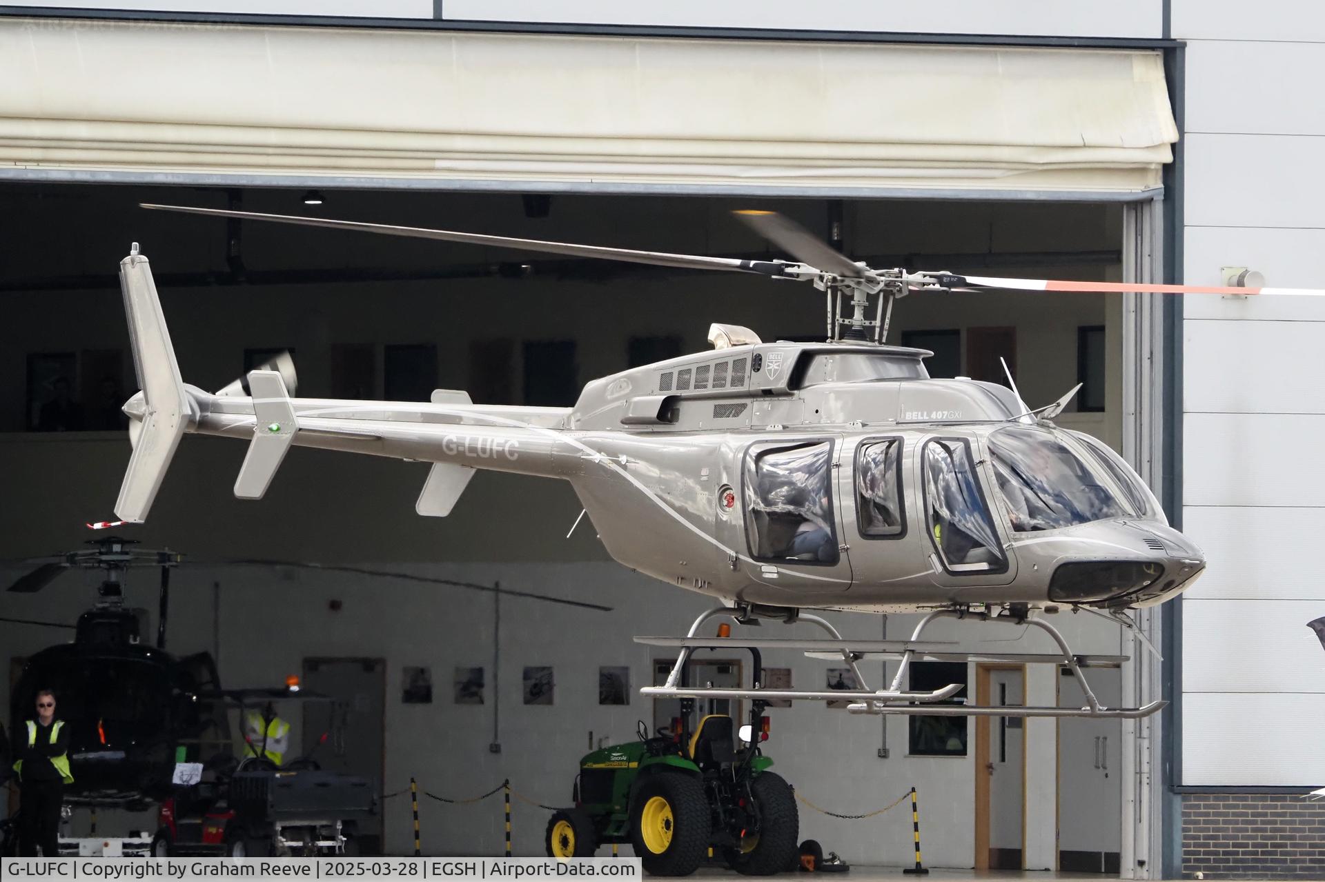 G-LUFC, Bell 407GXi C/N 56370, Departing from Norwich.