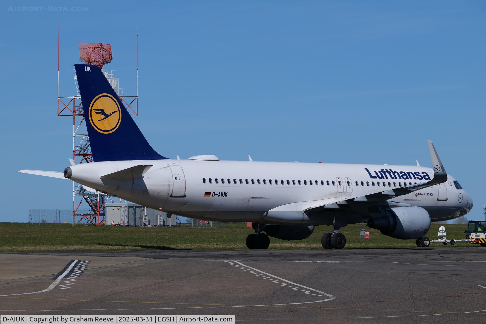 D-AIUK, 2015 Airbus A320-214 C/N 6423, Under tow at Norwich.