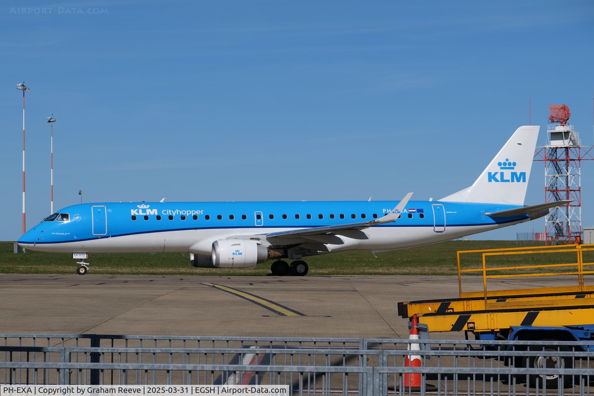 PH-EXA, 2013 Embraer 190LR (ERJ-190-100LR) C/N 19000655, Departing from Norwich.