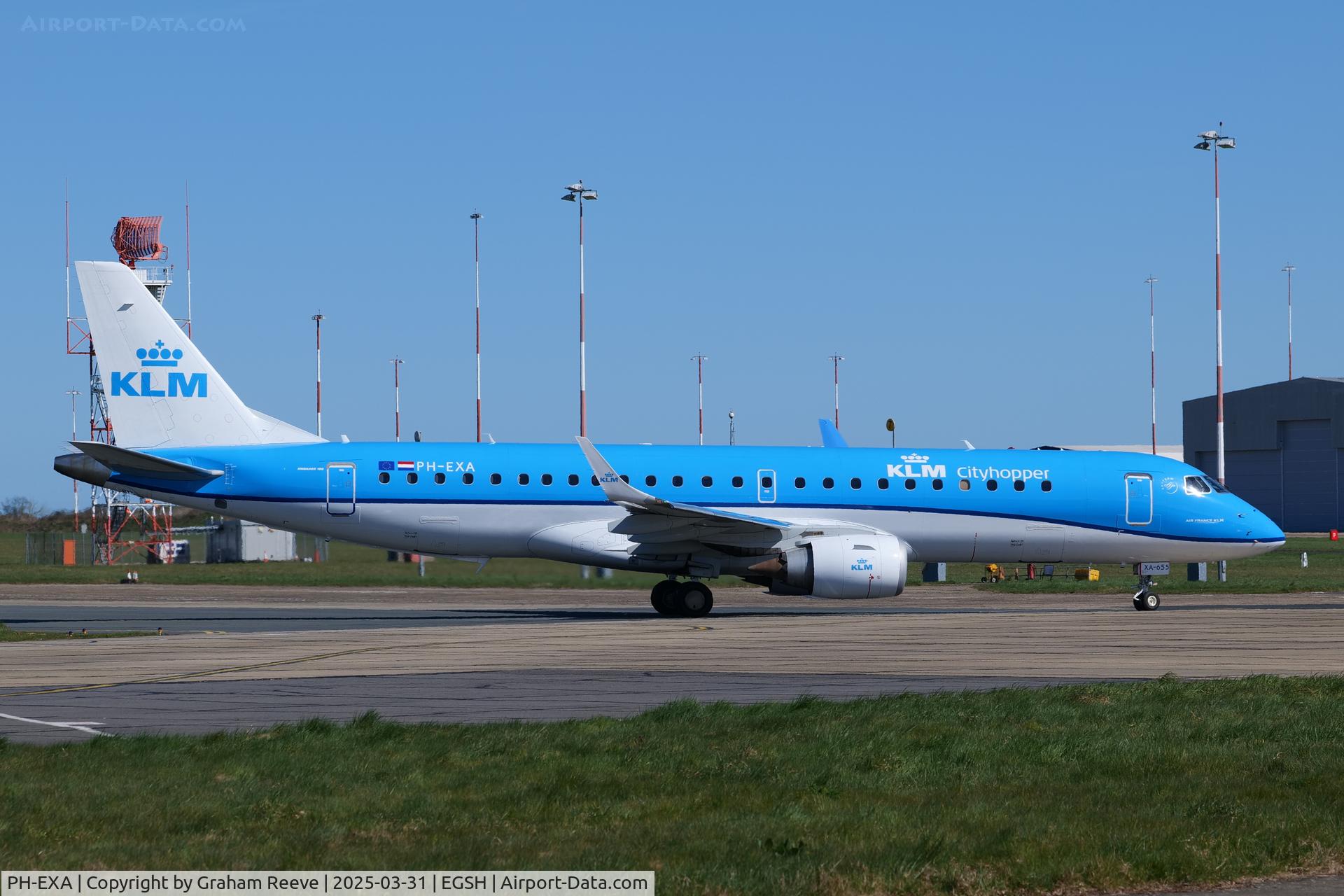PH-EXA, 2013 Embraer 190LR (ERJ-190-100LR) C/N 19000655, Just landed at Norwich.