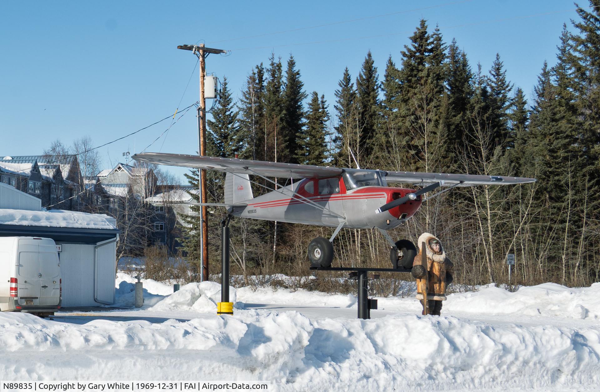 N89835, 1946 Cessna 140 C/N 8884, Aircraft is mounted on a pole at Jaybird’s Wing World hotel in Fairbanks Alaska
