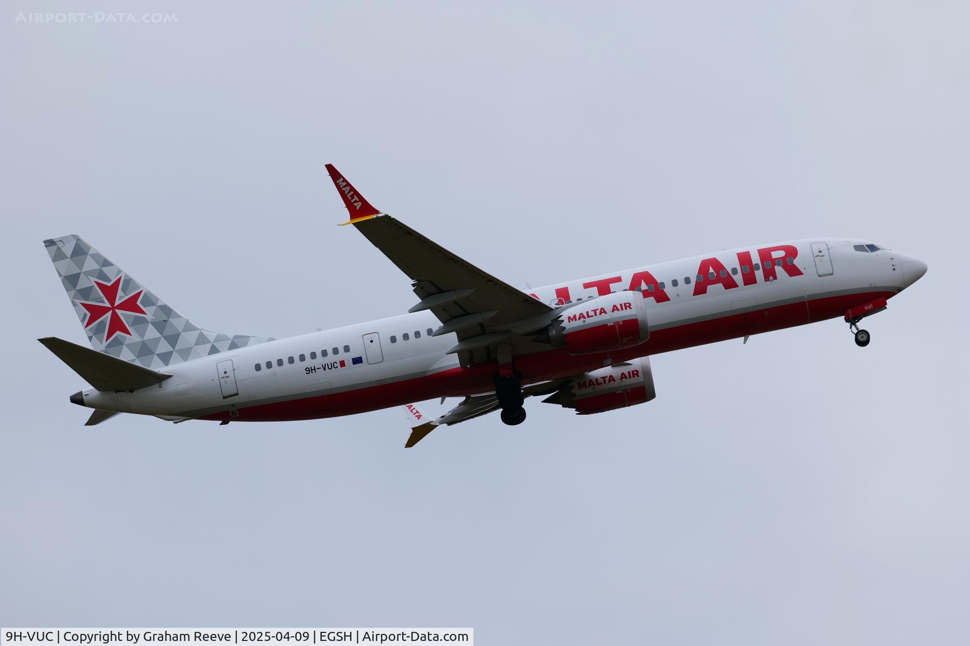 9H-VUC, 2021 Boeing 737-8-200 MAX C/N 62328, Departing from Norwich.