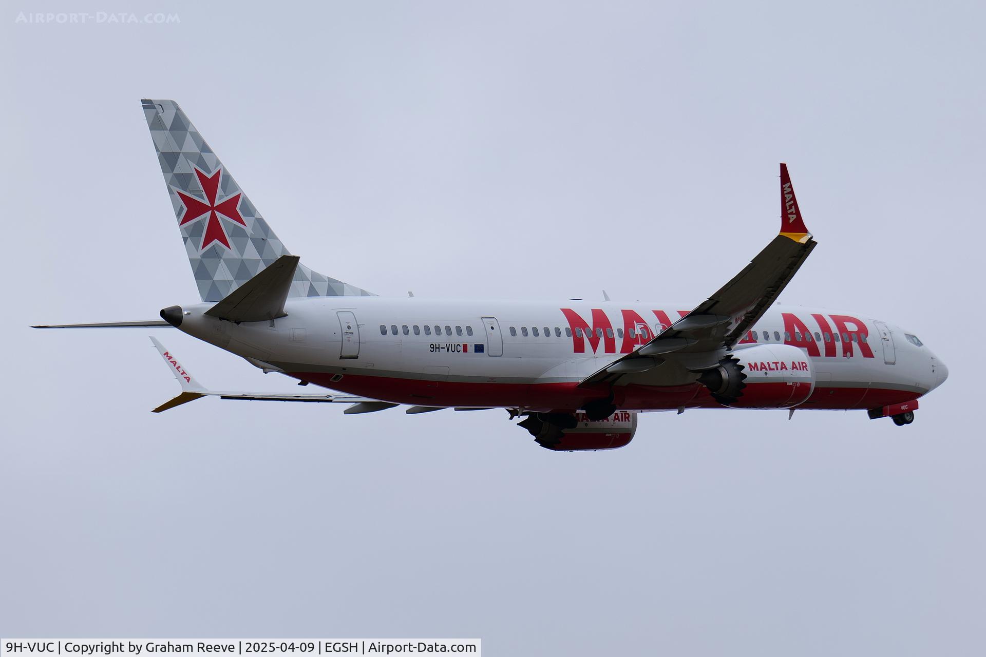 9H-VUC, 2021 Boeing 737-8-200 MAX C/N 62328, Departing from Norwich.