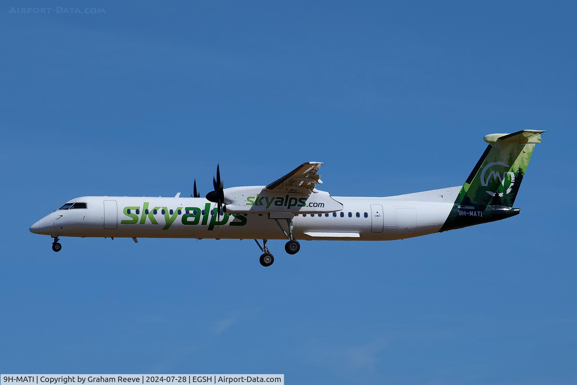 9H-MATI, 2007 De Havilland Canada DHC-8-402Q Dash 8 C/N 4157, Landing at Norwich.