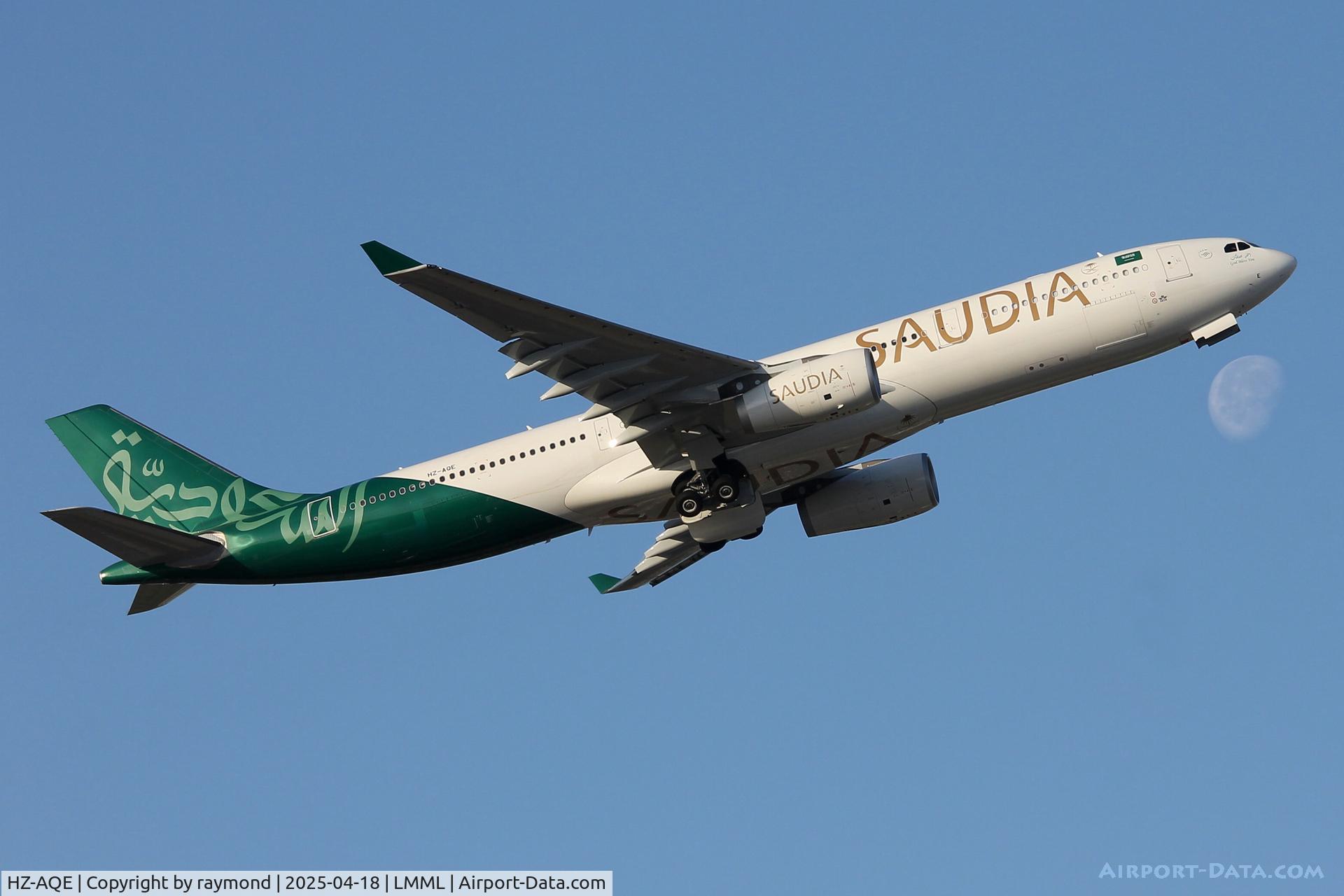 HZ-AQE, 2010 Airbus A330-343X C/N 1147, Airbus A330-343X reg HZ-AQE of Saudia Airlines in special colors taking off from Malta after taking maintenance at LTM Malta.