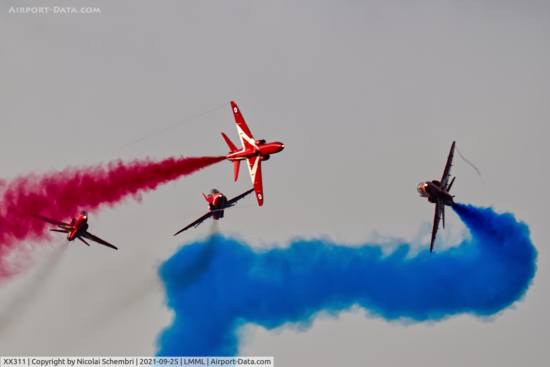 XX311, 1980 Hawker Siddeley Hawk T.1 C/N 147/312136, Flying display at the Malta International Airshow 2021.