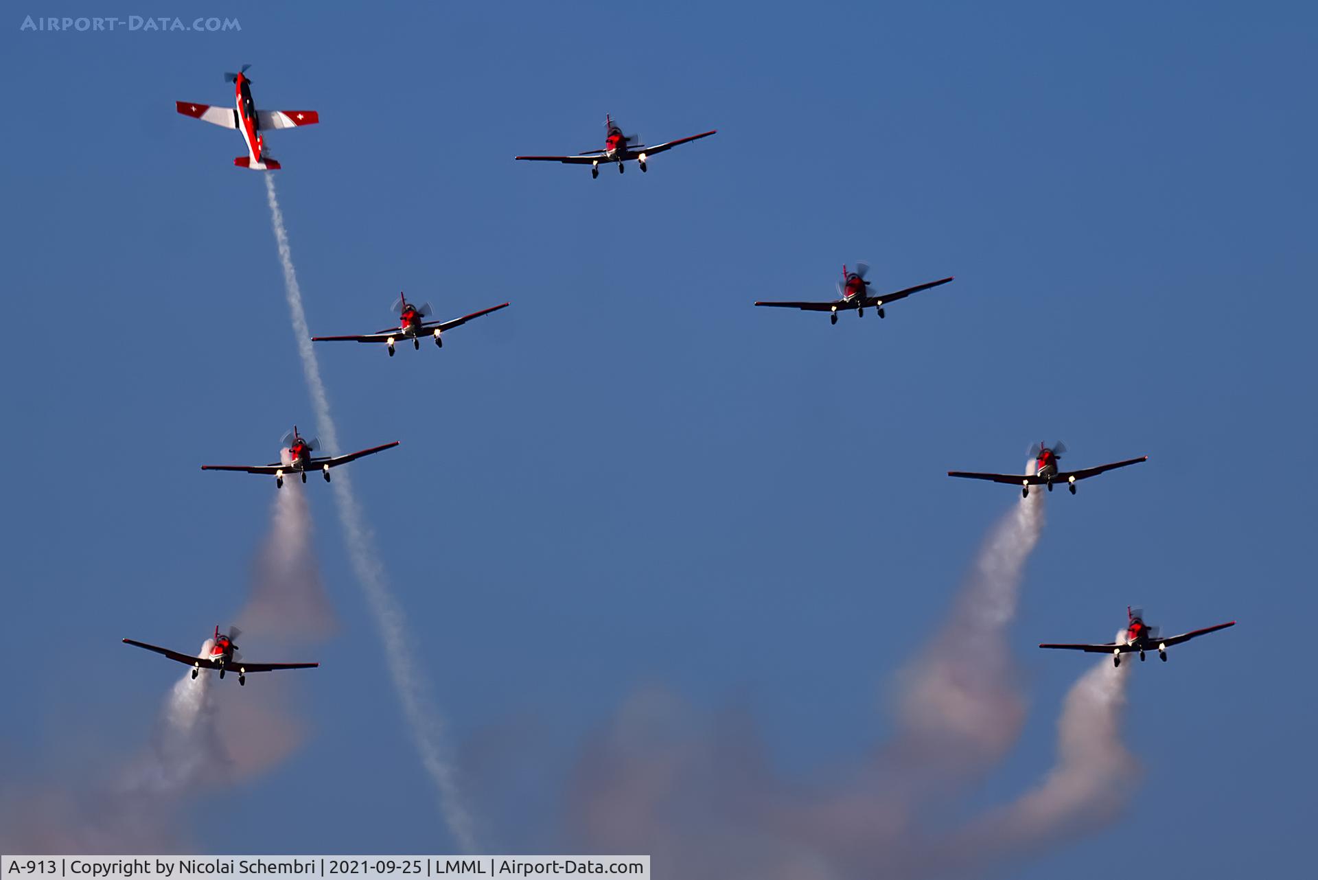 A-913, 1982 Pilatus PC-7 Turbo Trainer C/N 321, Flying display at the Malta International Airshow 2021.
