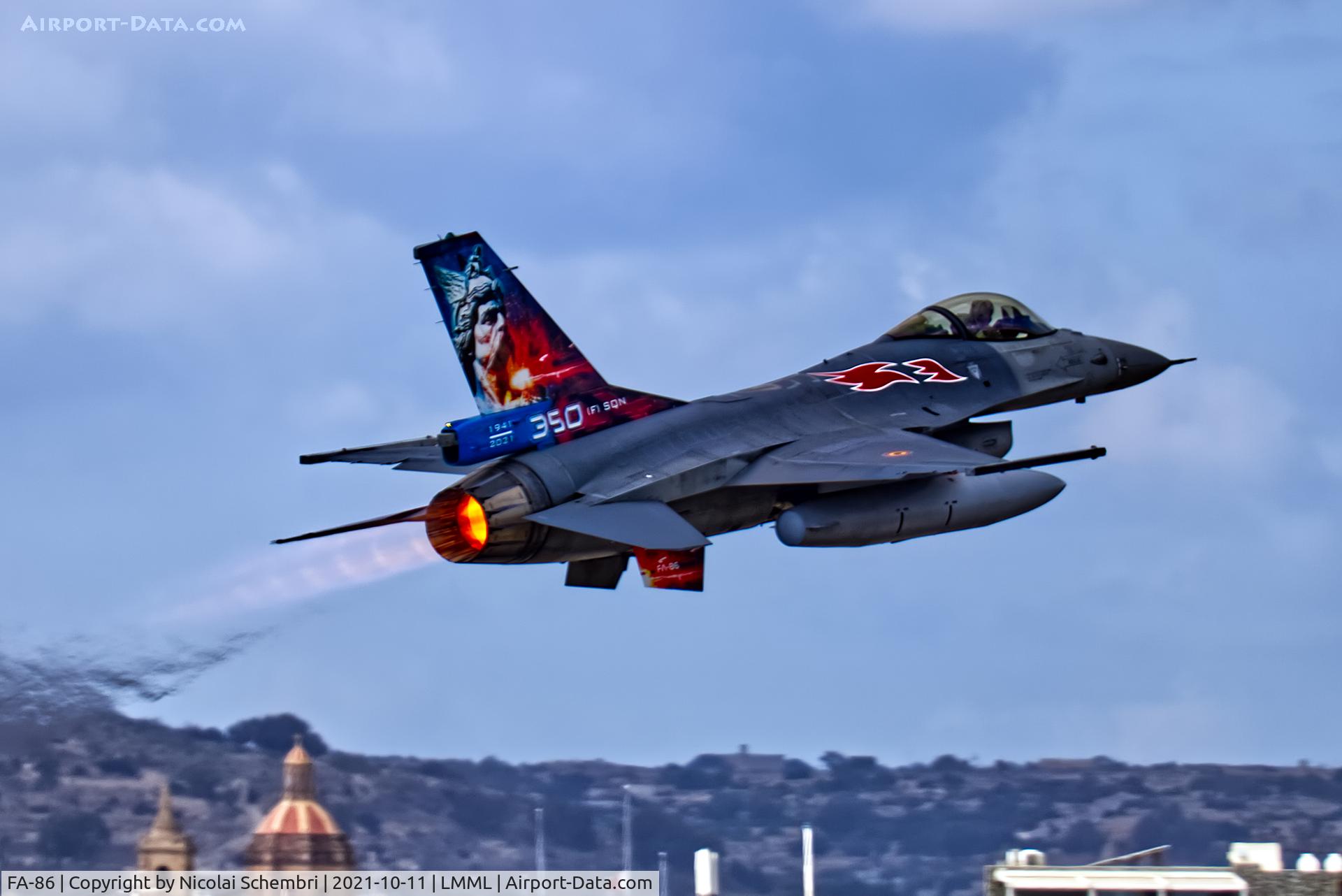 FA-86, SABCA F-16AM Fighting Falcon C/N 6H-86, Departing from runway 31 after the Malta International Airshow 2021.
