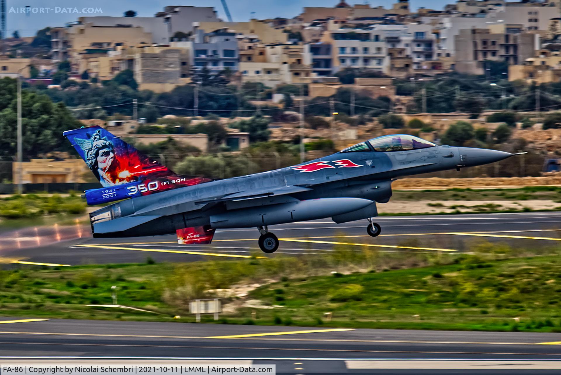 FA-86, SABCA F-16AM Fighting Falcon C/N 6H-86, Departing from runway 31 after the Malta International Airshow 2021.