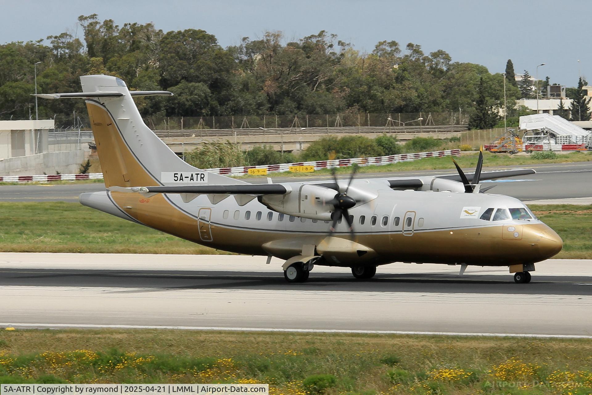 5A-ATR, 2008 ATR 42-500 C/N 673, ATR 42-500 reg 5A-ATR of Libyan Express taxying down the runway at Malta.