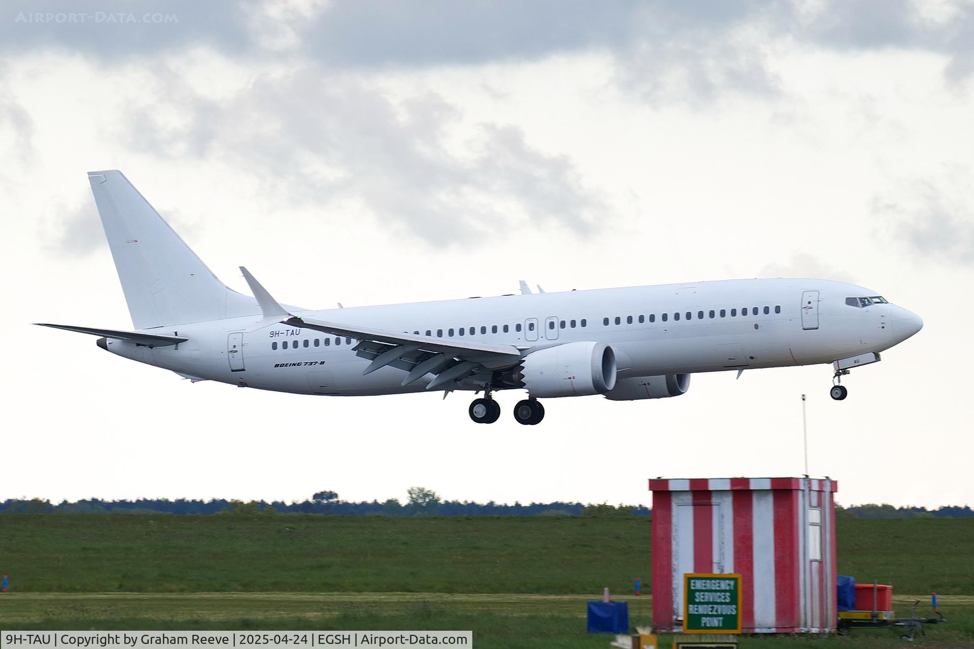 9H-TAU, 2018 Boeing 737-8MAX C/N 43001, About to touch down at Norwich.