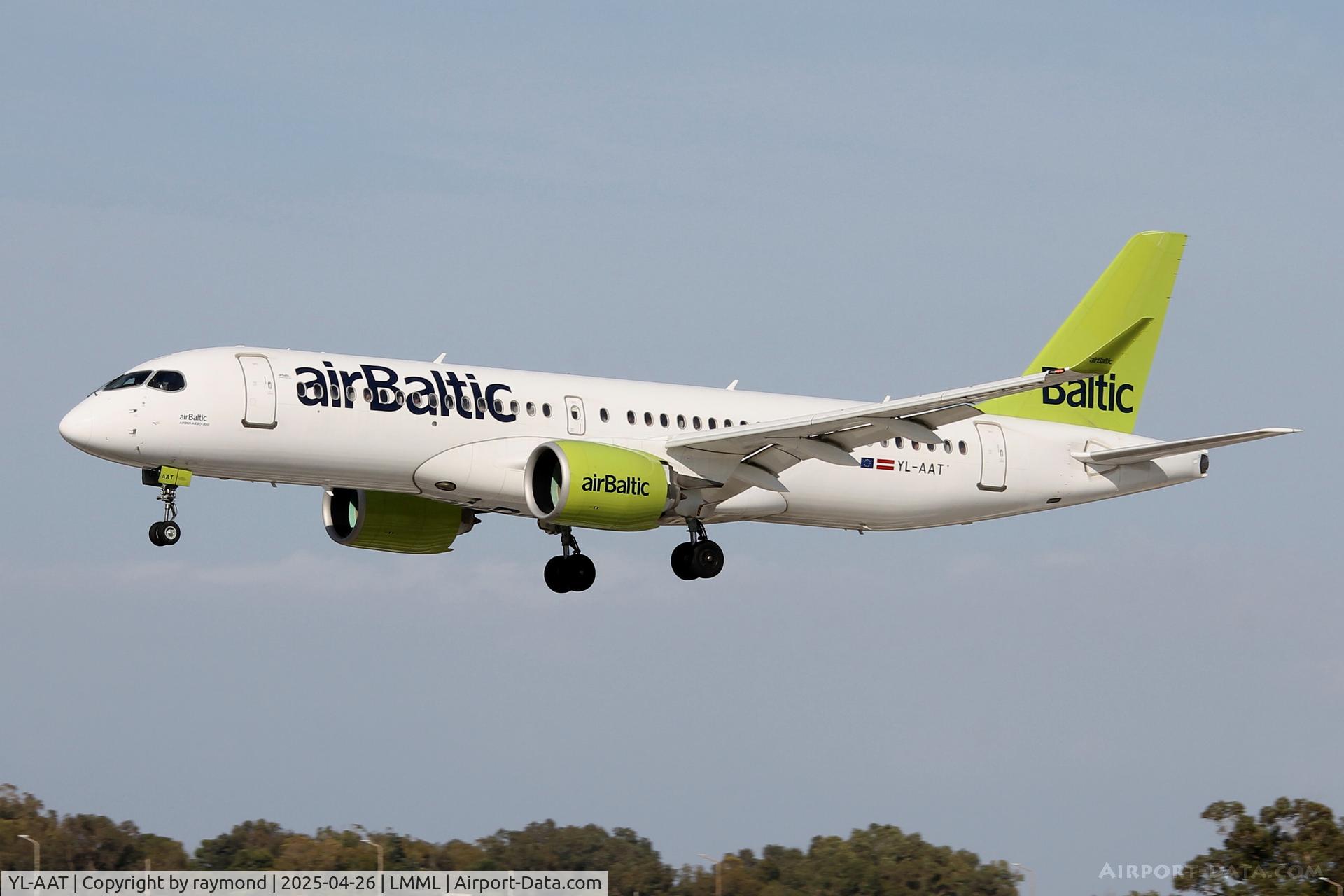 YL-AAT, 2019 Airbus A220-300 C/N 55055, Air Baltic Airbus A220-300 reg YL-AAT on final approach to RW31 in Malta.